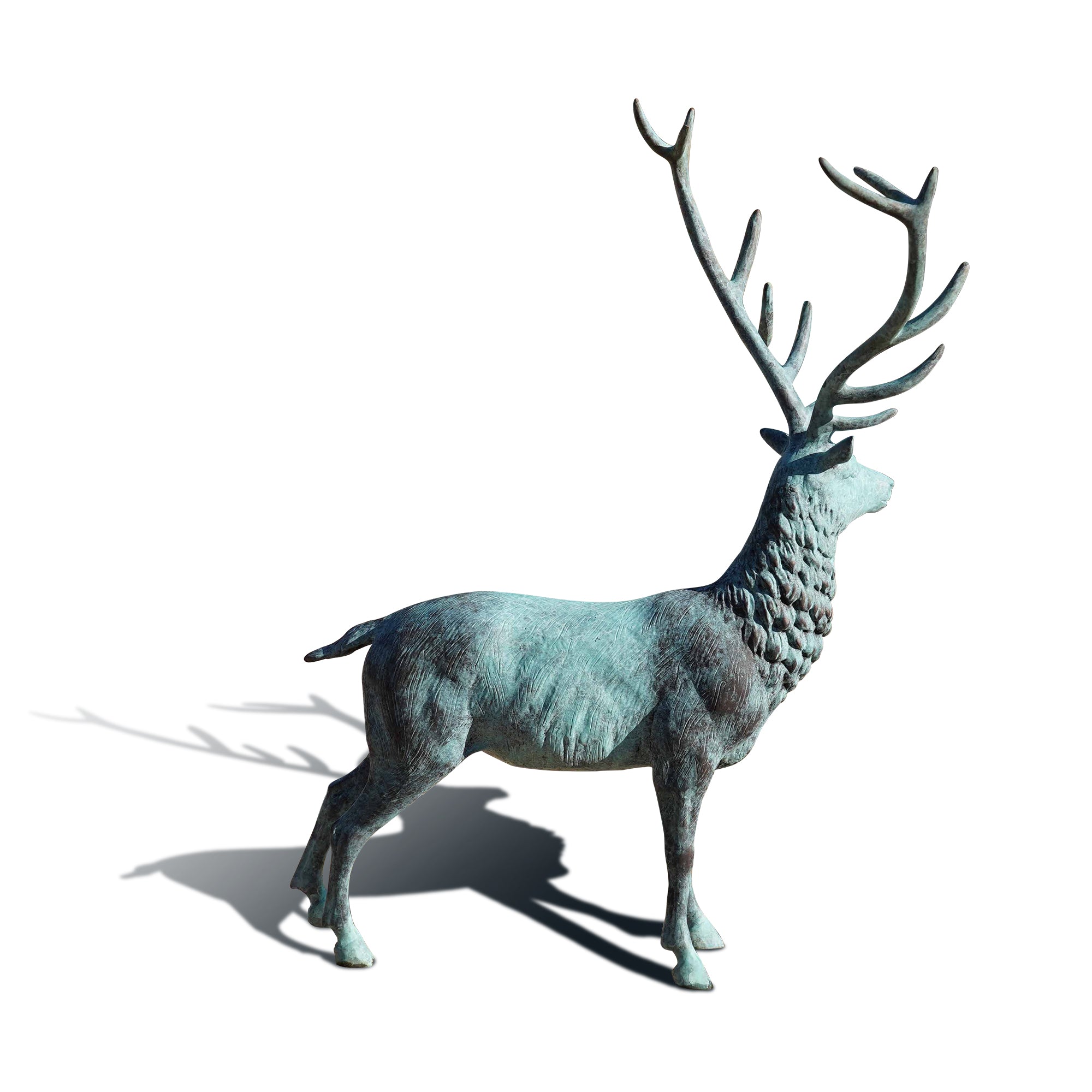 Bronze deer statue on a white background