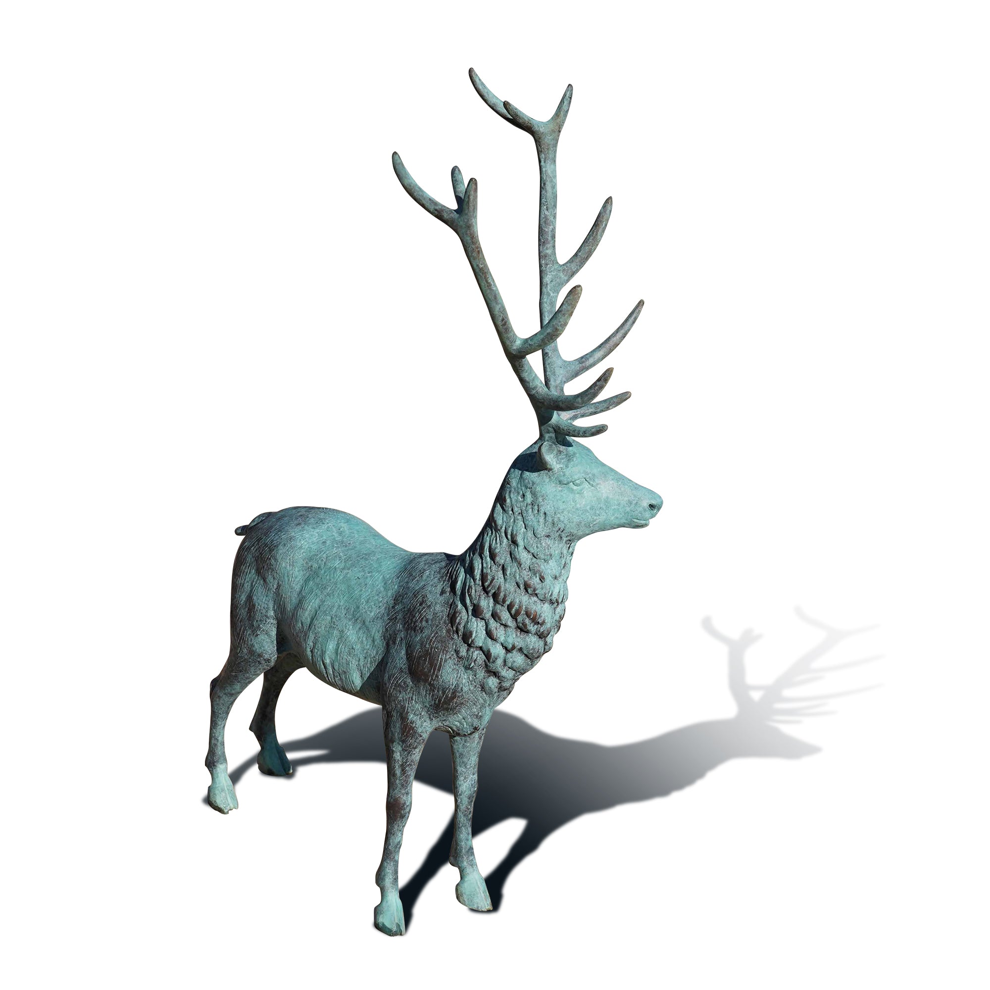 Bronze deer statue on a white background