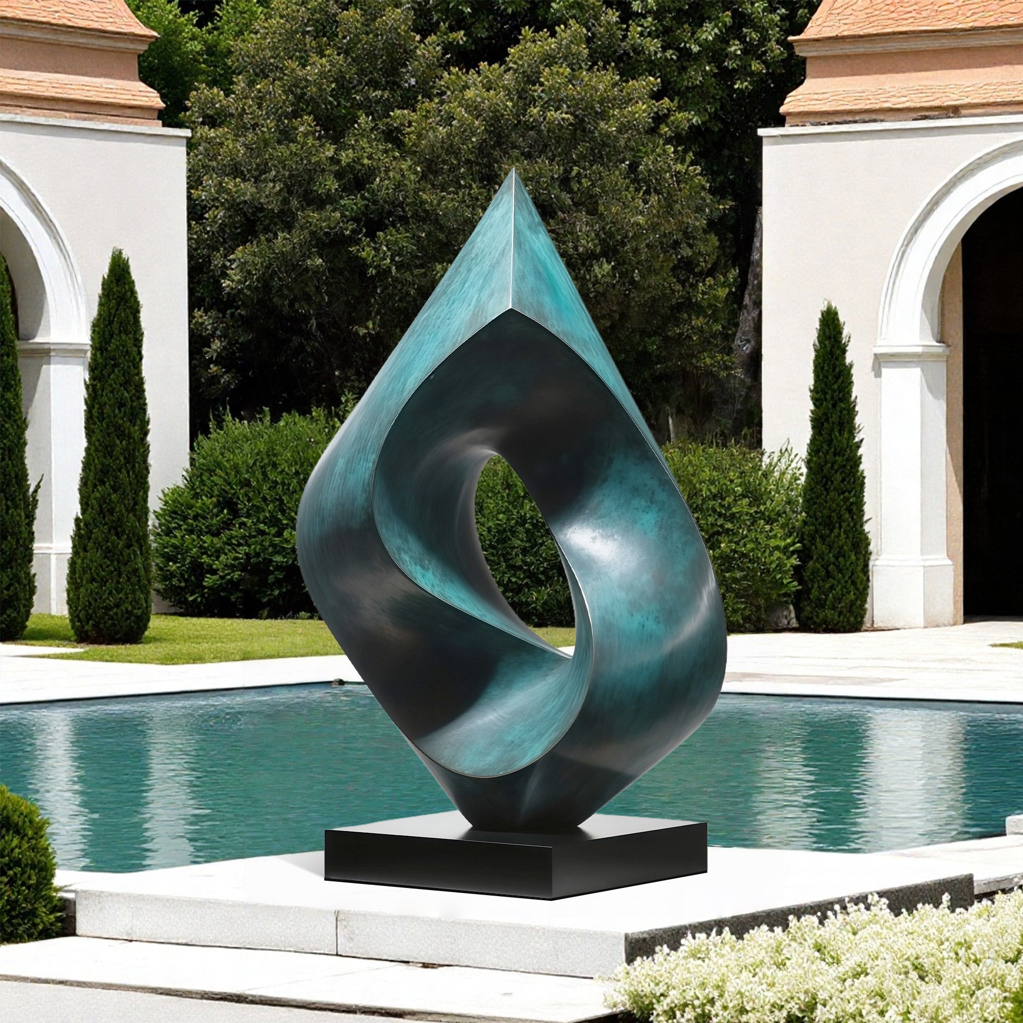 Abstract sculpture in front of a pool with classical architecture in the background