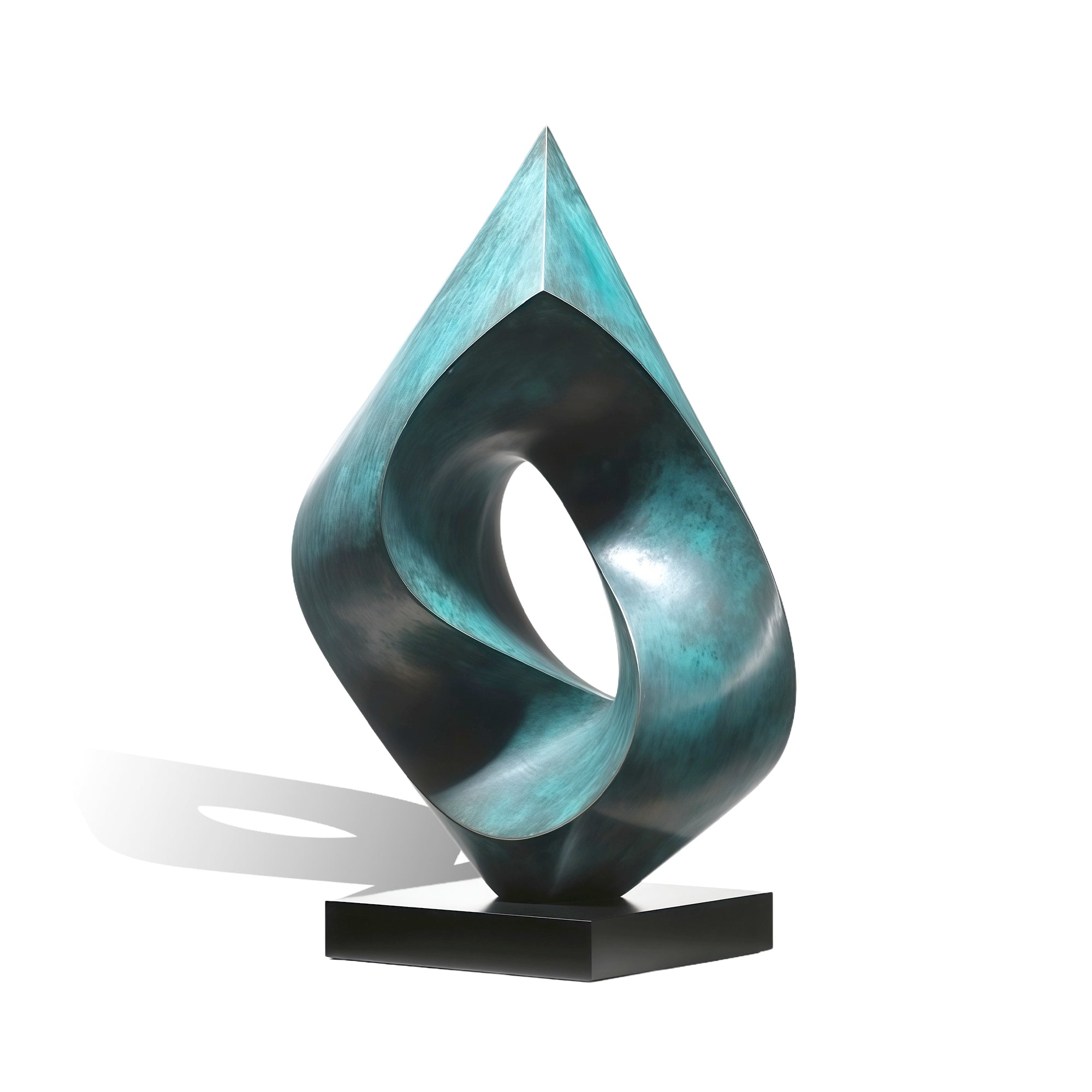 Abstract sculpture with teal and black colors on a white background