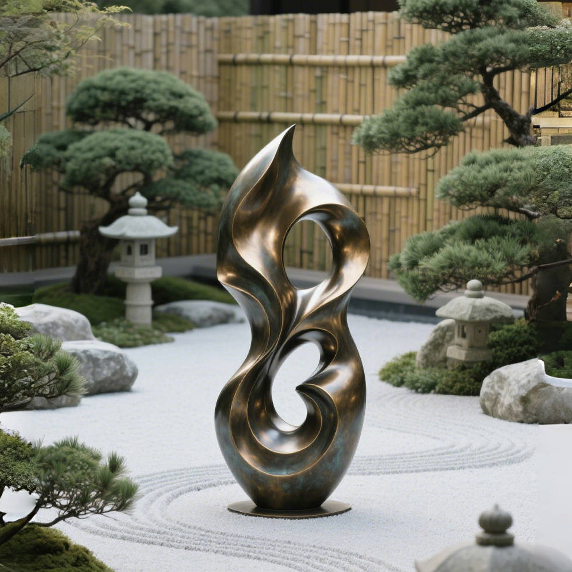 Bronze sculpture in a garden setting with bamboo and stone lanterns.