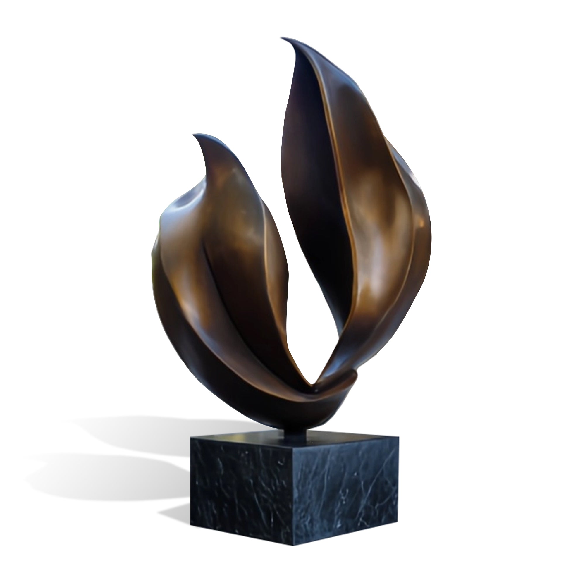 Abstract bronze sculpture on a black marble base against a white background