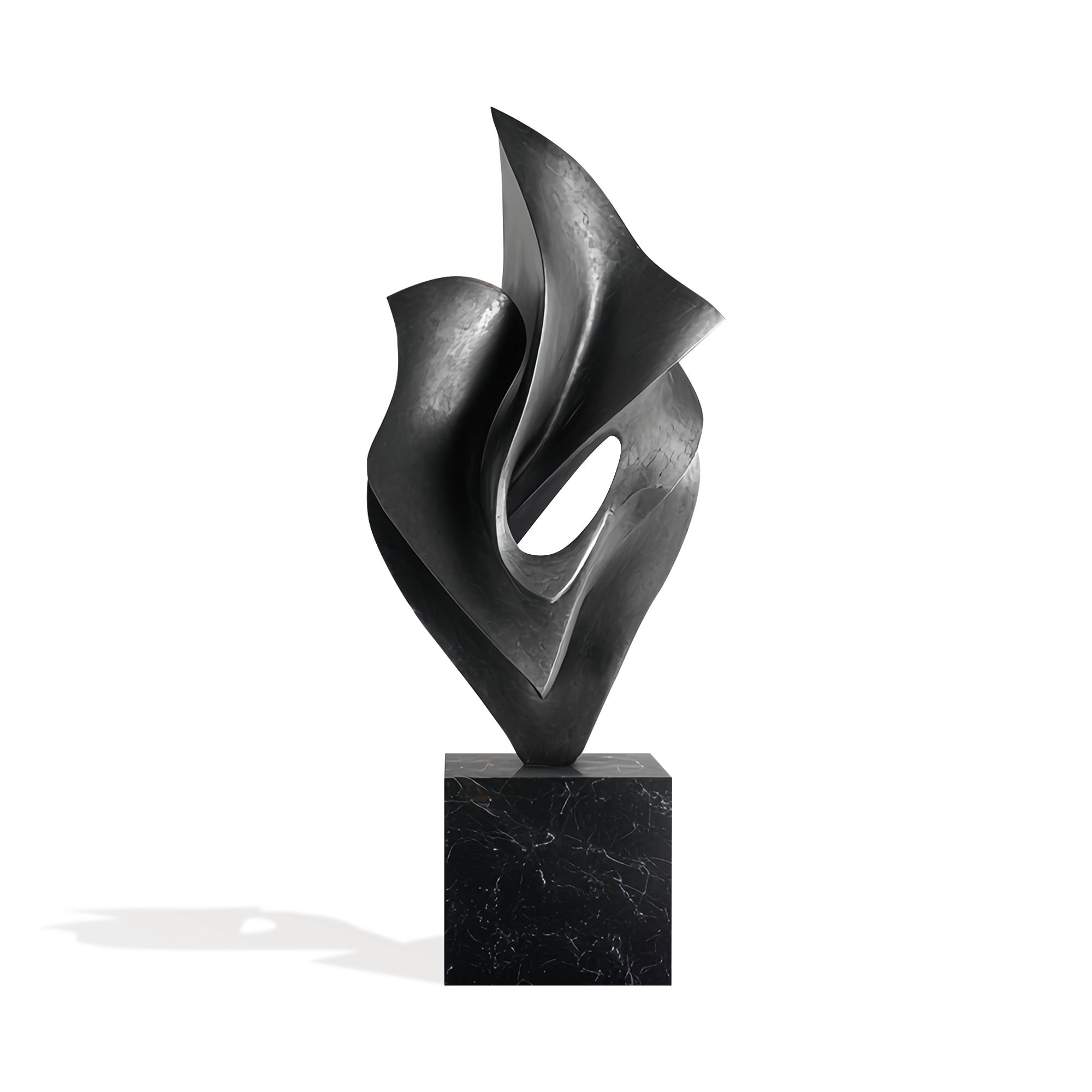 abstract bronze sculpture with black patina on marble base, modern floor statue (white background)