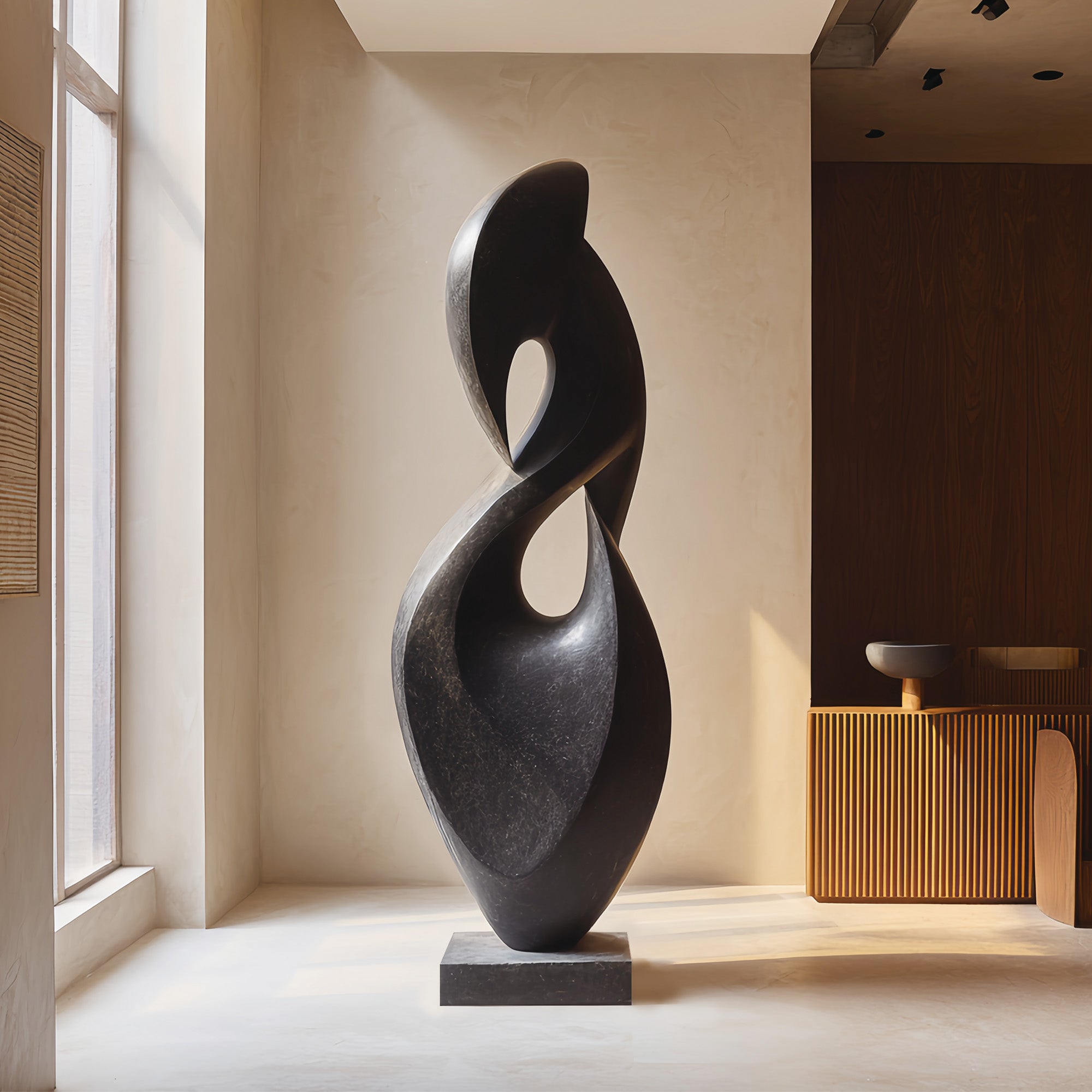Modern abstract bronze sculpture in black patina displayed indoors in a lobby/entryway, large statement contemporary art