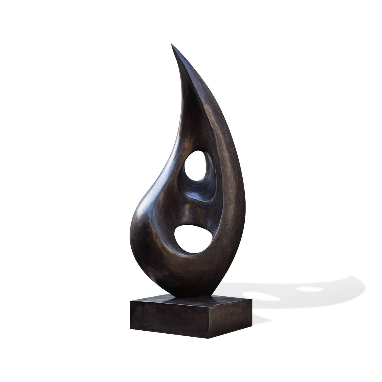 Large abstract bronze garden sculpture for outdoor landscape design, tall curved form with two openings and dark bronze patina, on a square base, white background