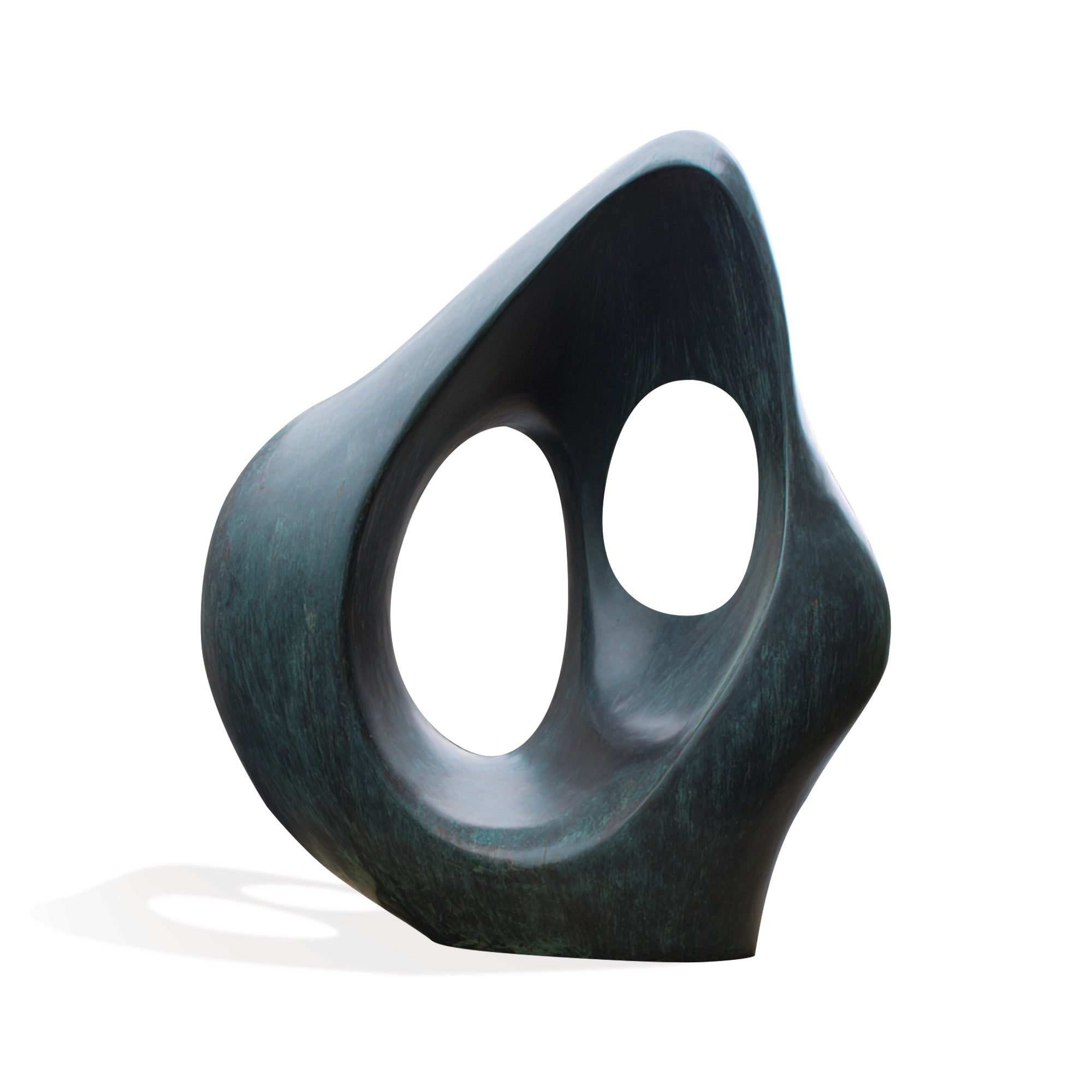 Abstract bronze loop sculpture with organic curves and green patina finish, modern contemporary art piece for indoor or outdoor display