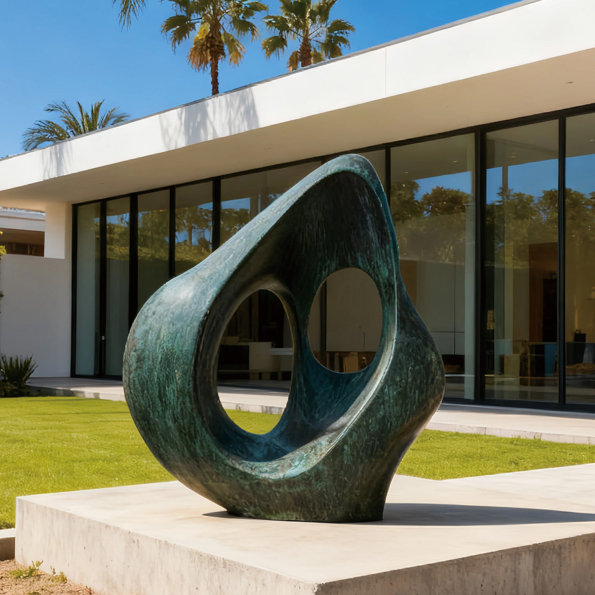 Large abstract bronze sculpture with open form installed on a modern villa lawn, green patina surface interacting with light and landscape