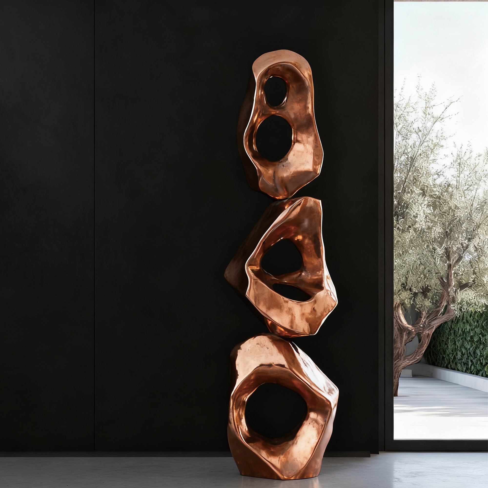 Front view of a polished bronze sculpture with interlocking geometric shapes and open voids, creating a bold artistic statement in contemporary interiors or galleries.