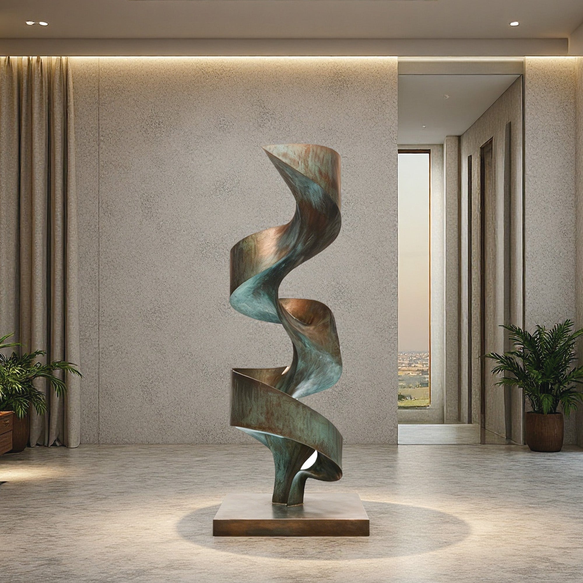 abstract bronze spiral sculpture displayed indoors featuring a flowing vertical form and natural bronze patina suitable for interior spaces