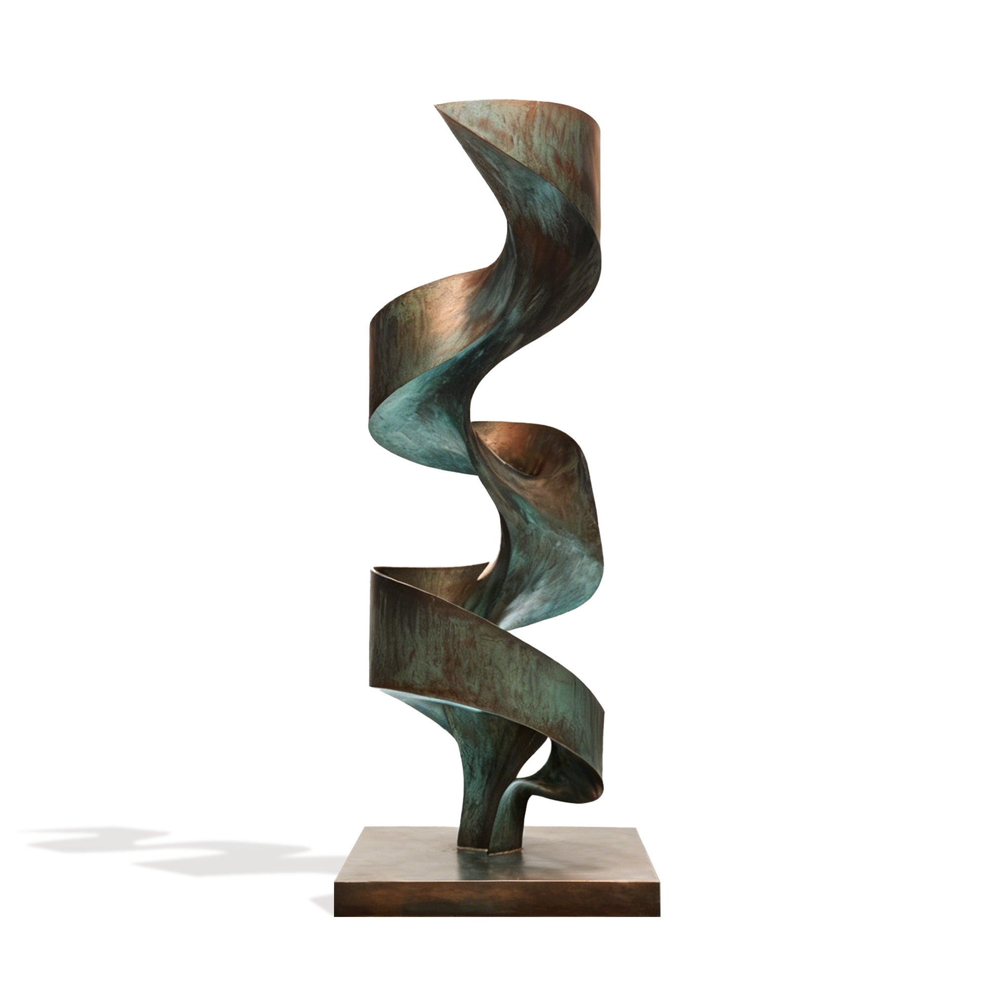 abstract bronze spiral sculpture with a smooth twisting form and layered bronze patina white background