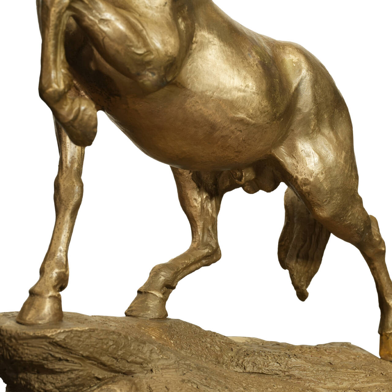 Bronze statue of a horse on a rock base with a white background