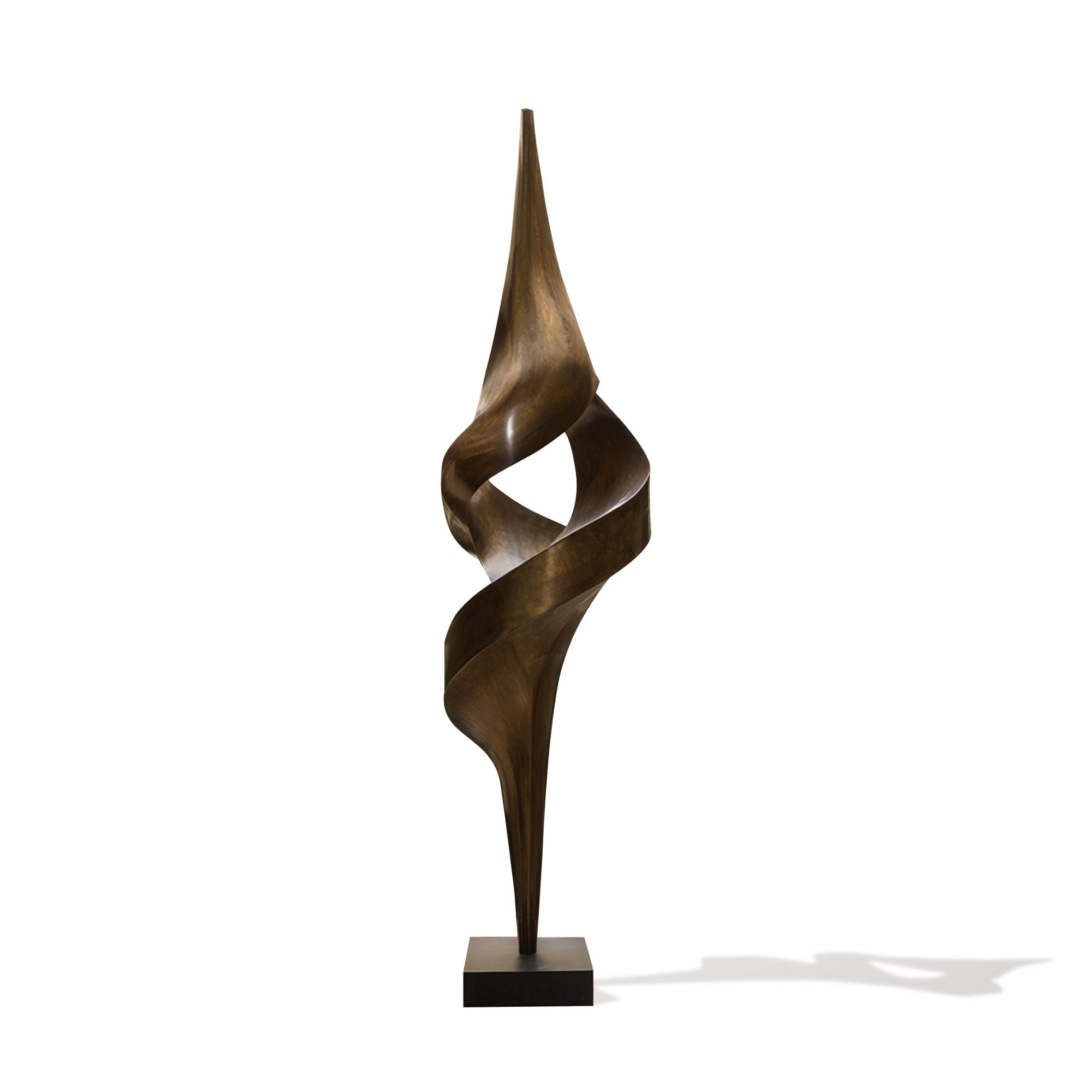 Front view of a bronze abstract sculpture featuring a twisting, spiral form, ideal for art galleries or sophisticated modern interiors, adding a sense of fluidity and artistic expression.