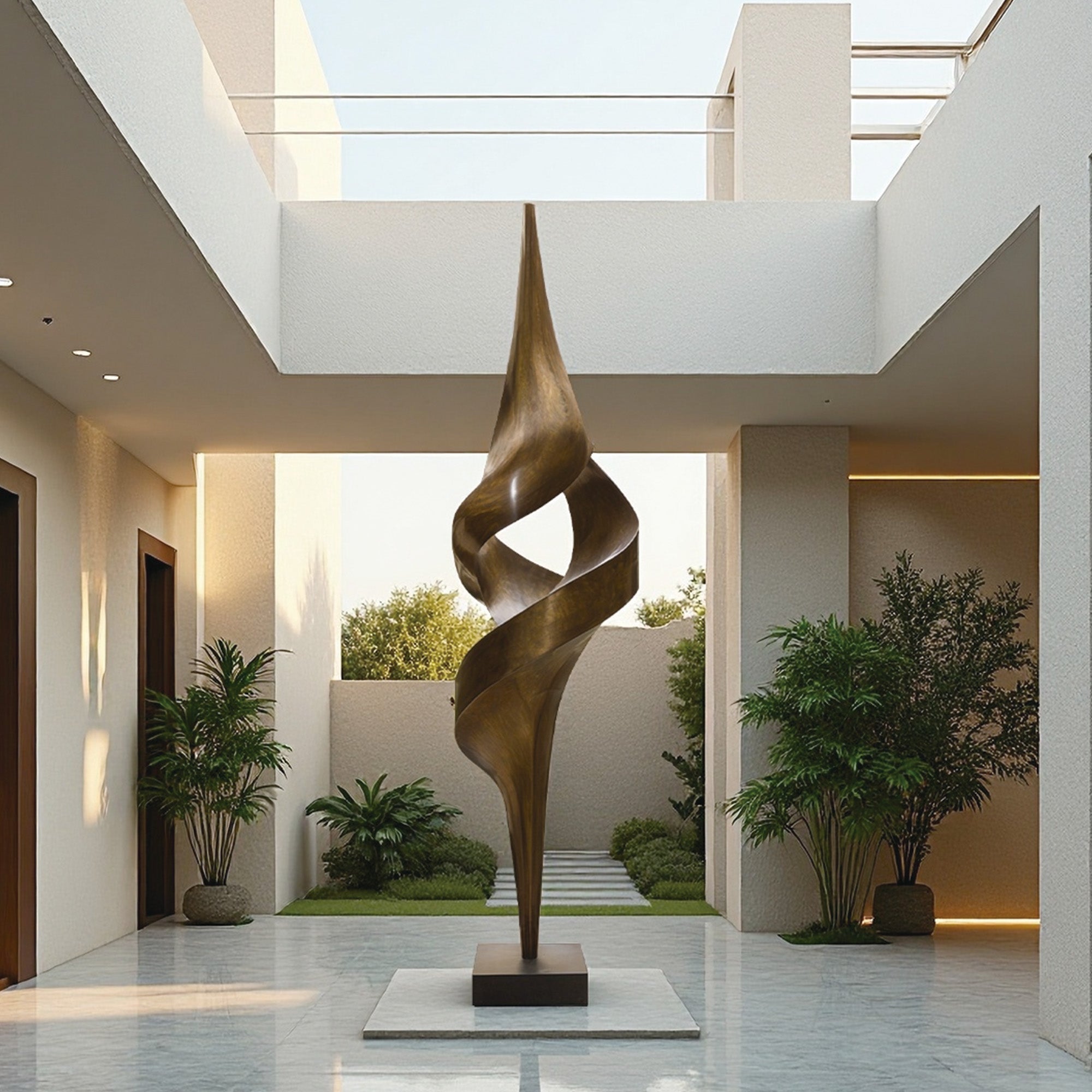 Large bronze twisted abstract sculpture in a modern luxury courtyard, adding sophistication and motion to outdoor spaces.