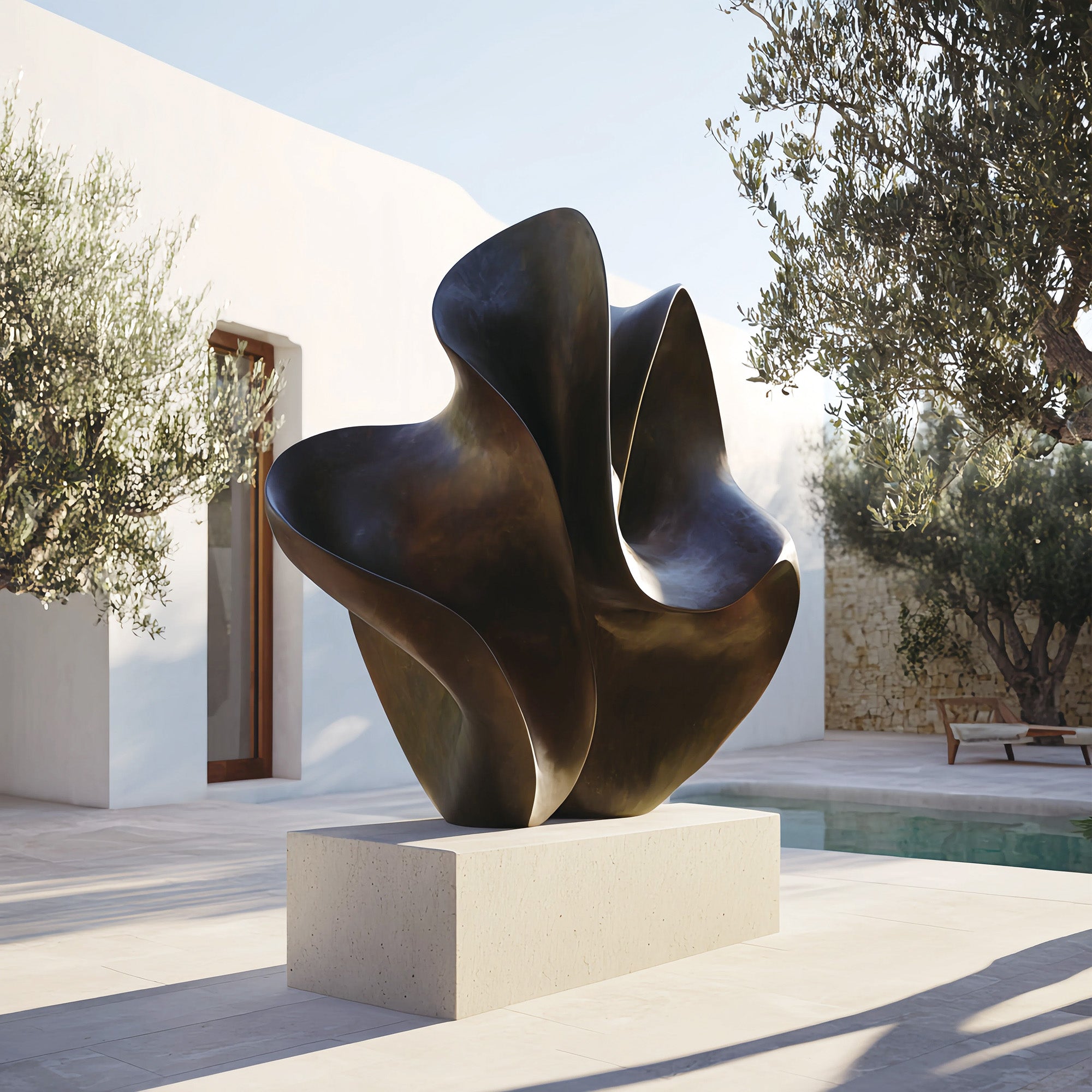Abstract sculpture in a modern outdoor setting with trees and a pool.