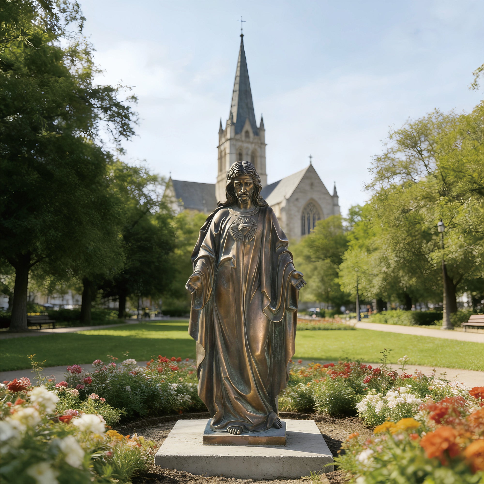 Bronze Sacred Heart of Jesus Bronze statue of a religious figure in a garden with a church in the background