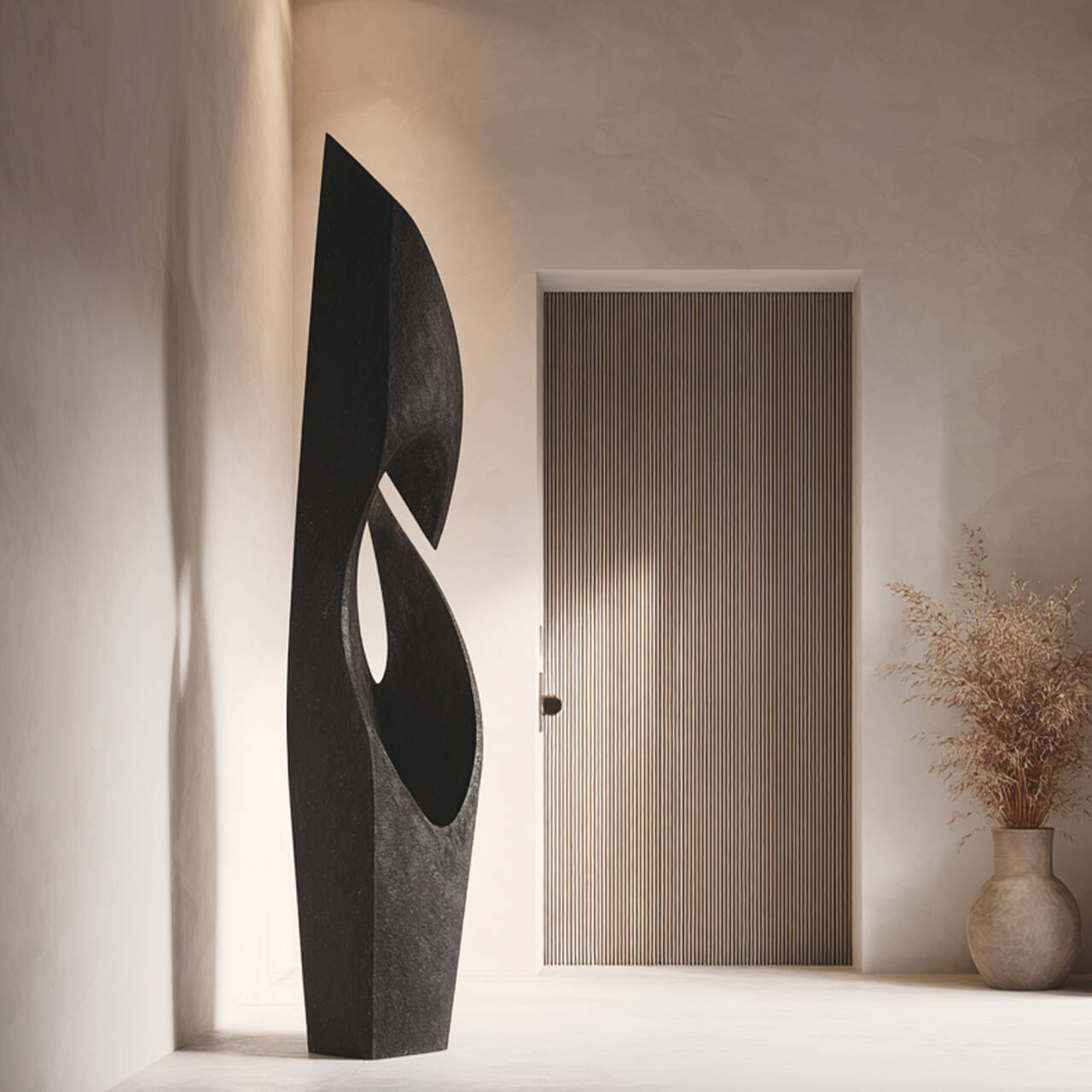 Modern abstract sculpture in a minimalistic room with a vase and door.