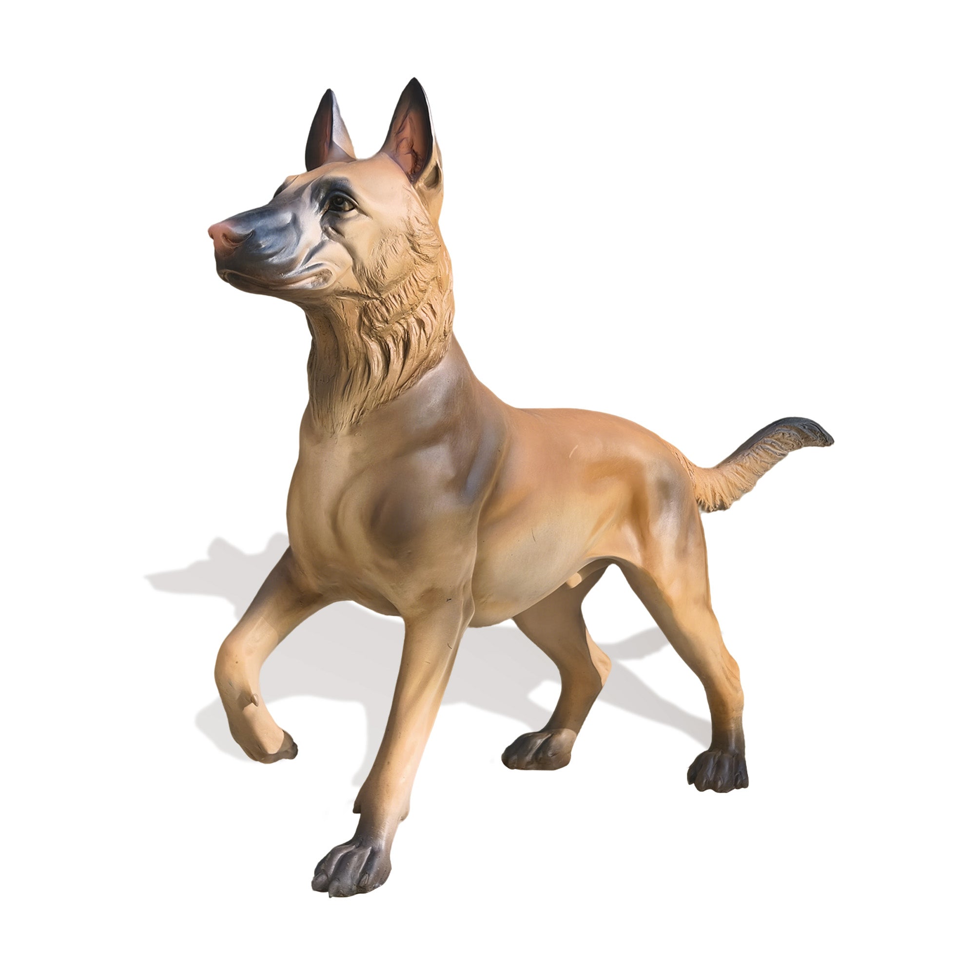 Custom bronze Shepherd dog sculpture in angled view with forward stance, alert expression, and one paw lifted