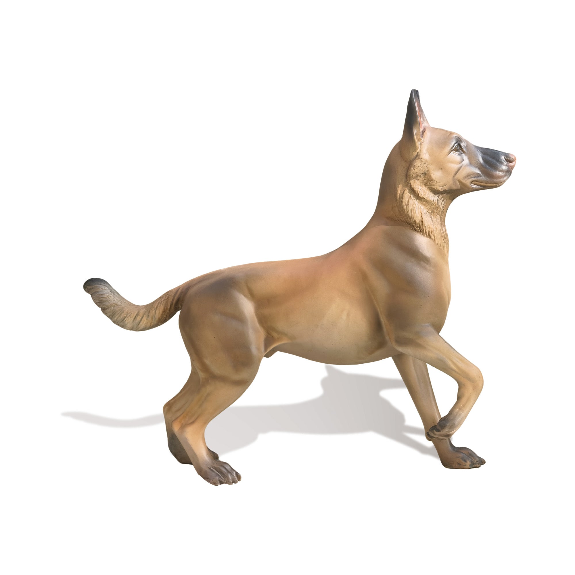 Custom bronze Shepherd dog sculpture in side view with alert ears, lifted front paw, and standing guard dog posture