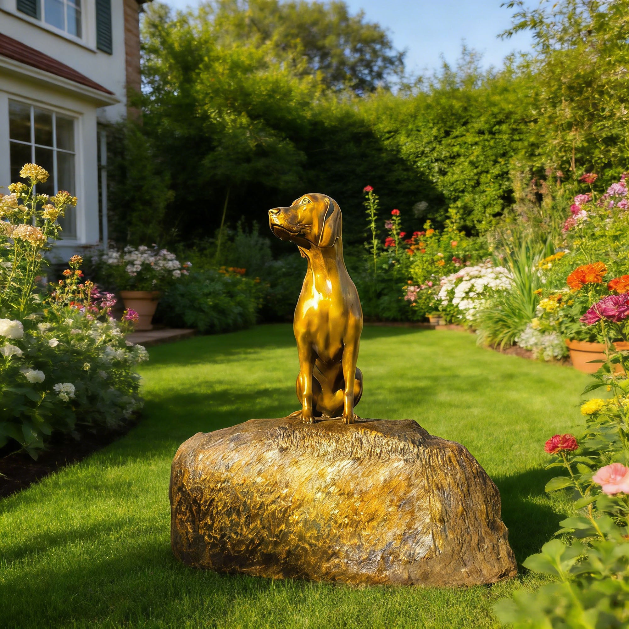 Gold dog statue on a rock in a garden with flowers and a house in the background