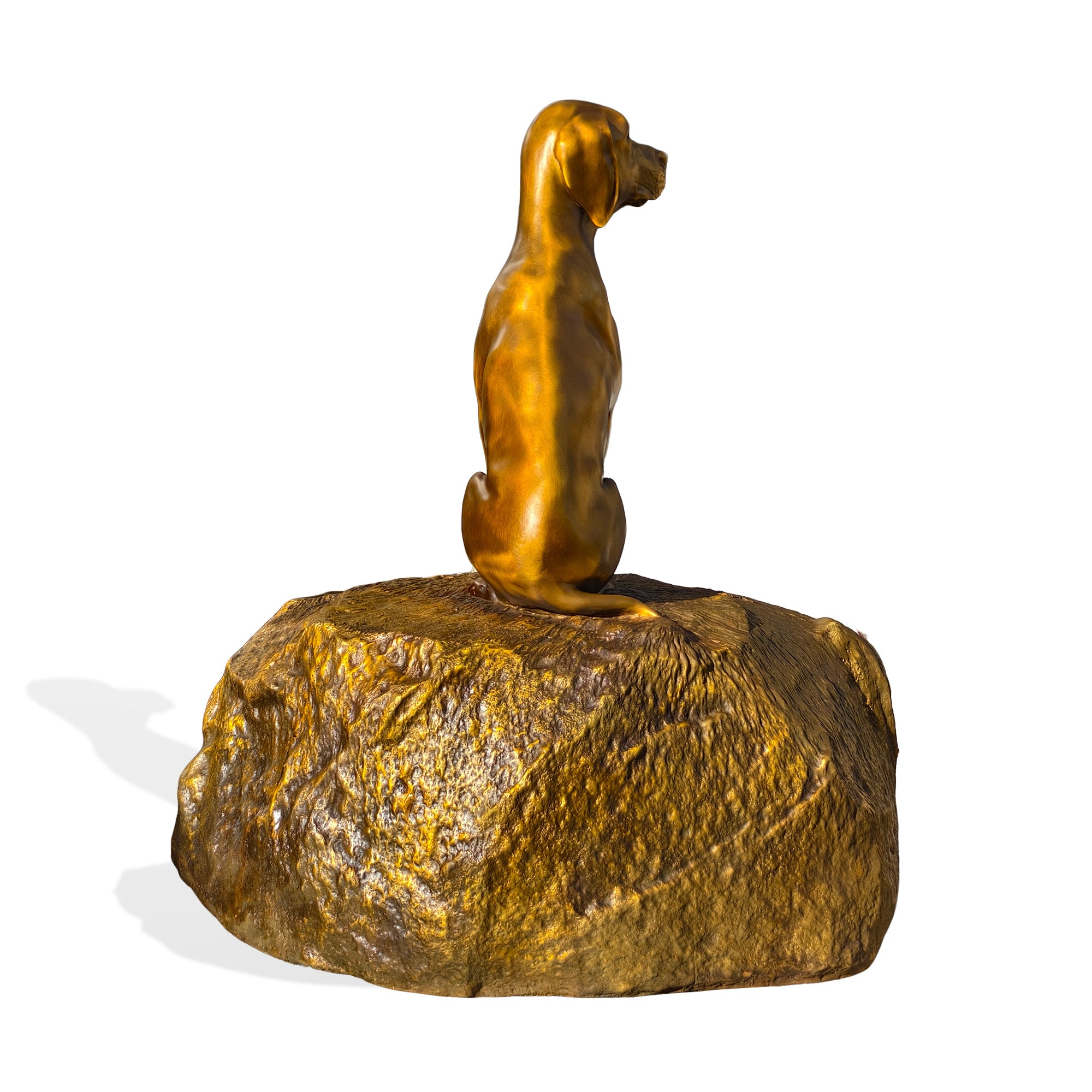 Bronze sculpture of a dog on a rock with a white background
