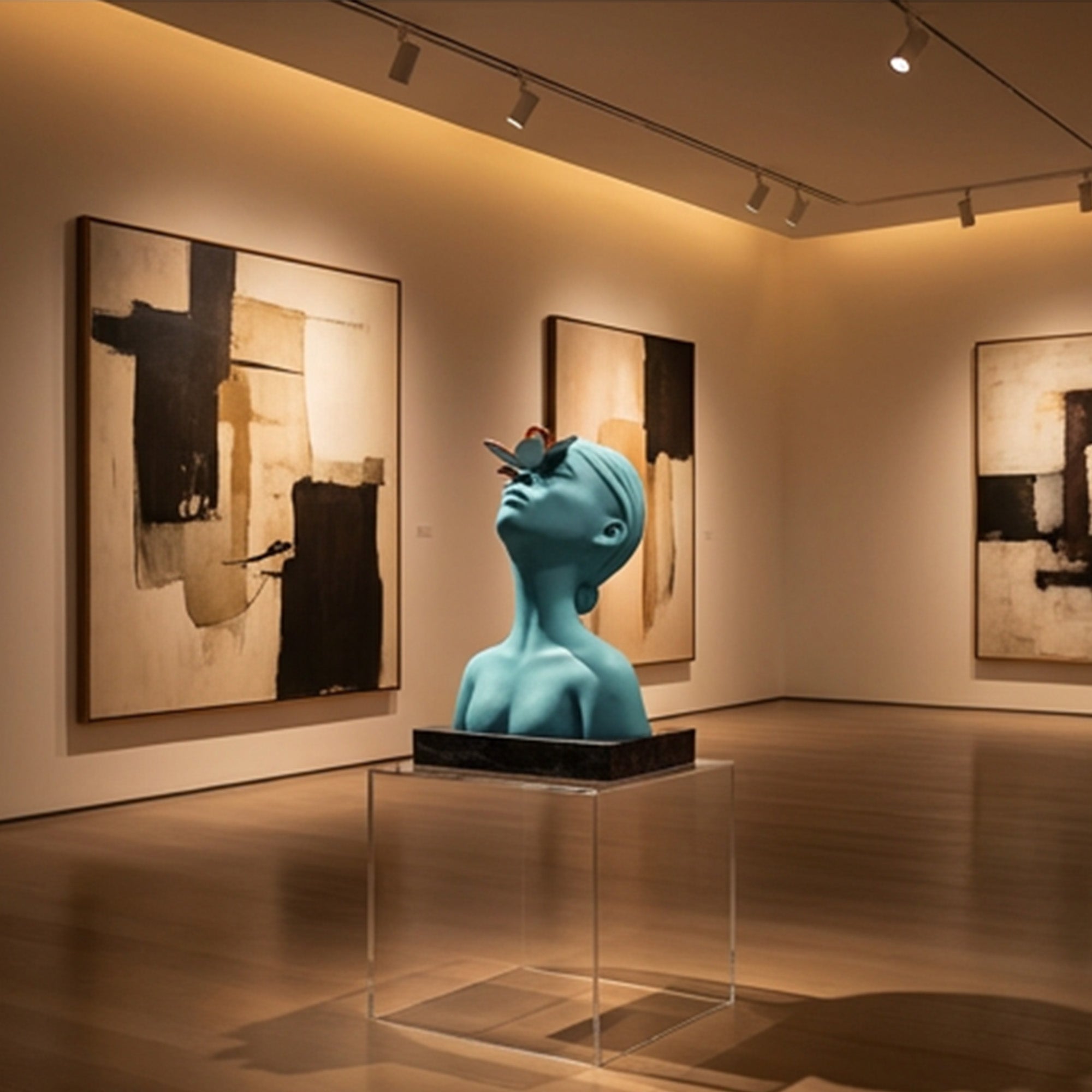 Blue sculpture on a pedestal in an art gallery with abstract paintings on the walls.
