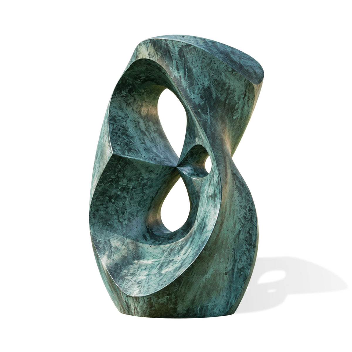 Abstract green bronze sculpture on a white background