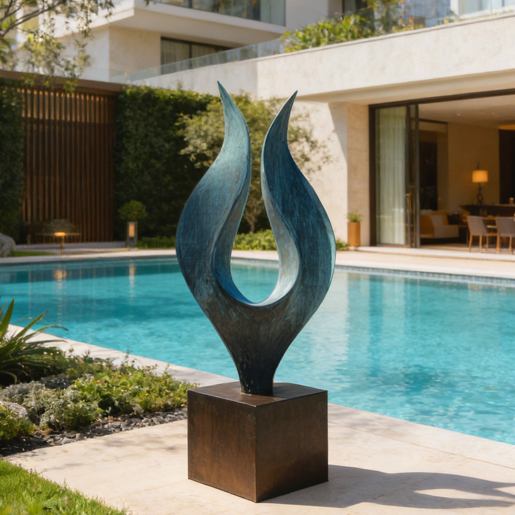 Abstract sculpture by a pool with modern building in the background