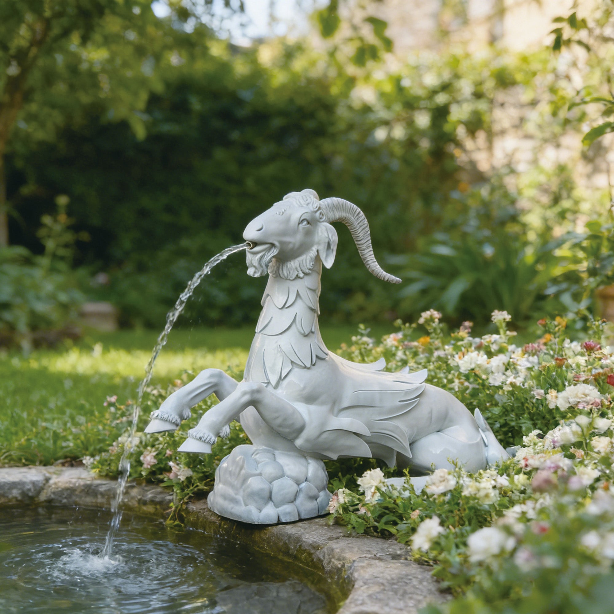 Capricorn sea goat garden fountain sculpture with water flowing from the mouth into a pond for luxury outdoor landscape and zodiac decor