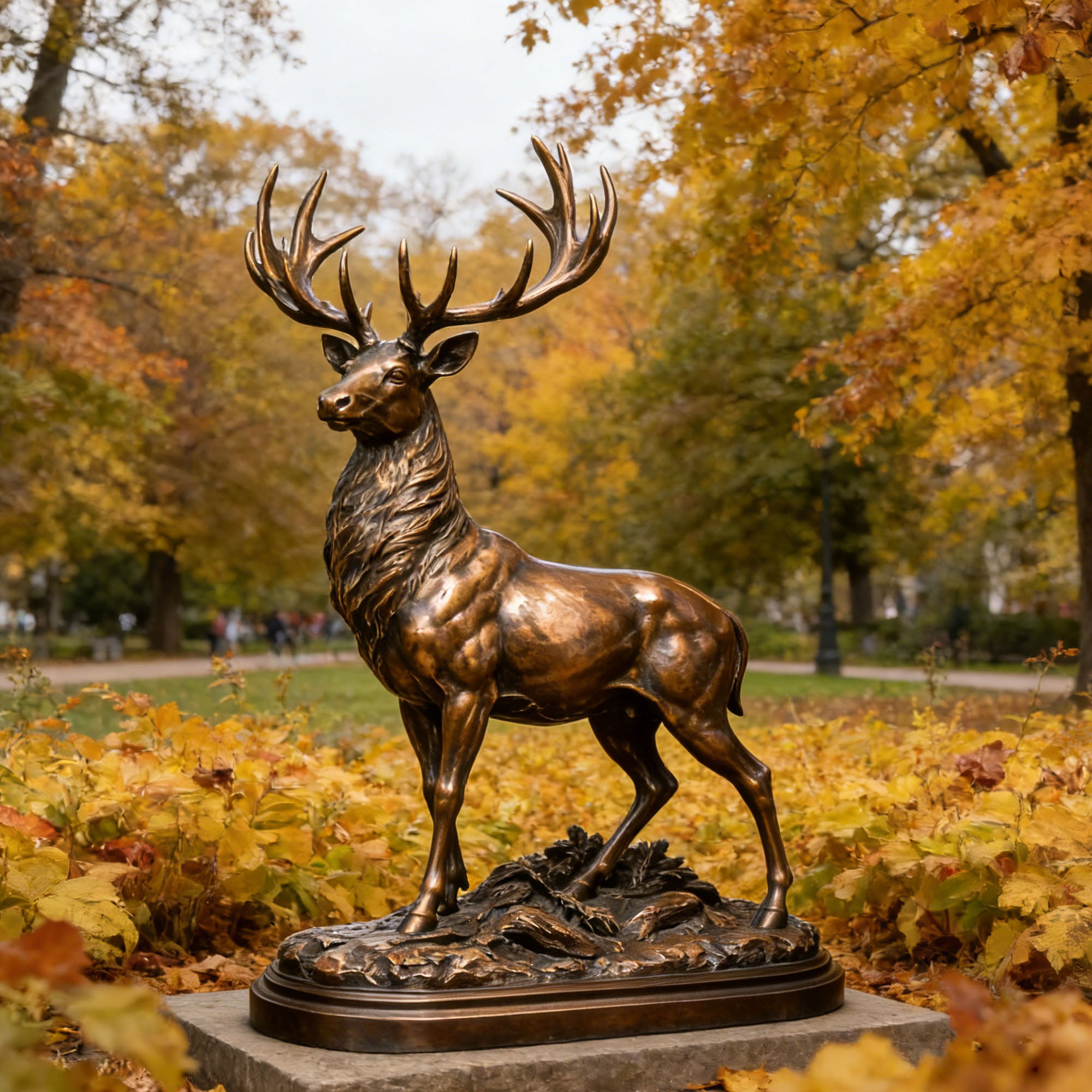 Bronze deer statue in a park with autumn foliage
