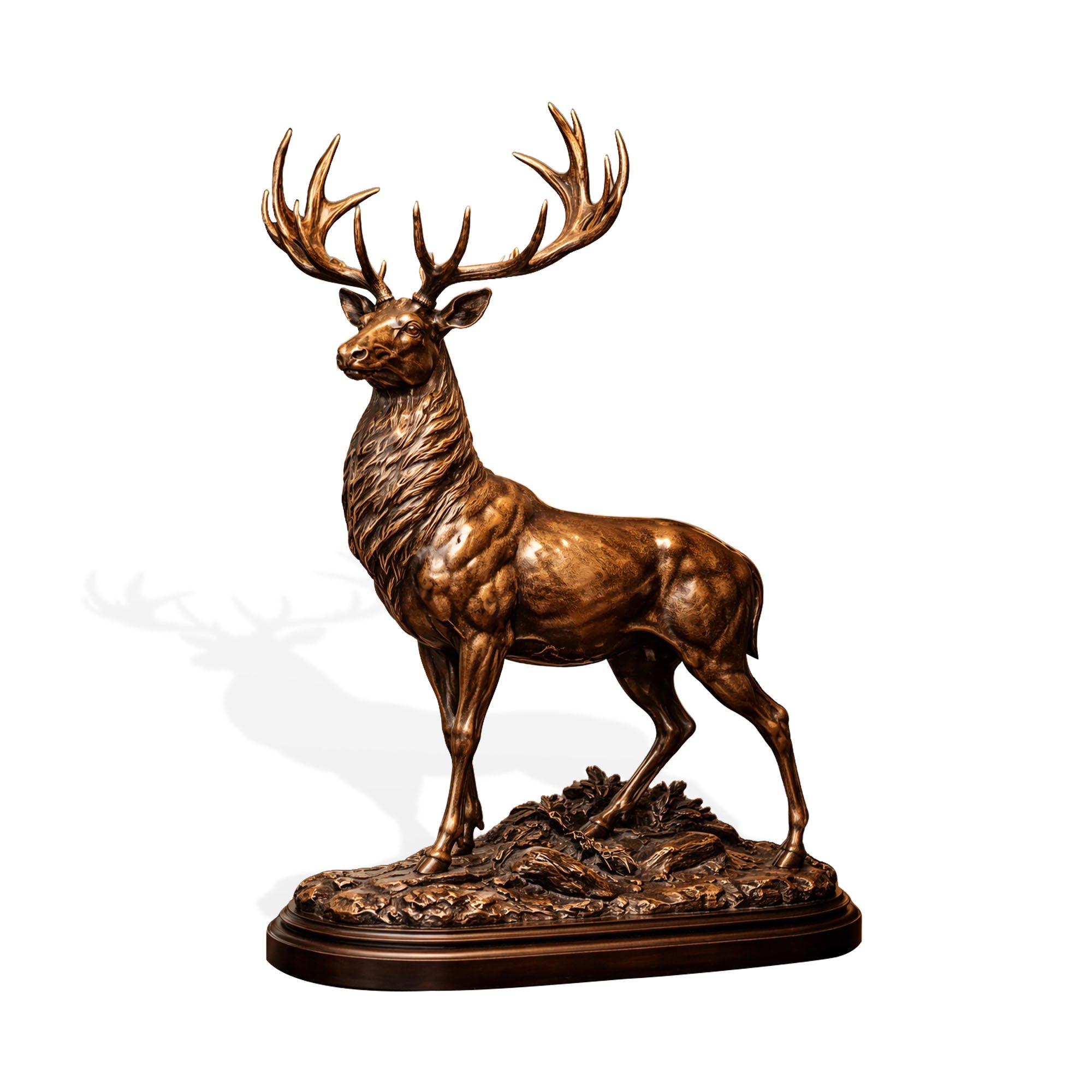 Bronze statue of a deer with large antlers on a white background