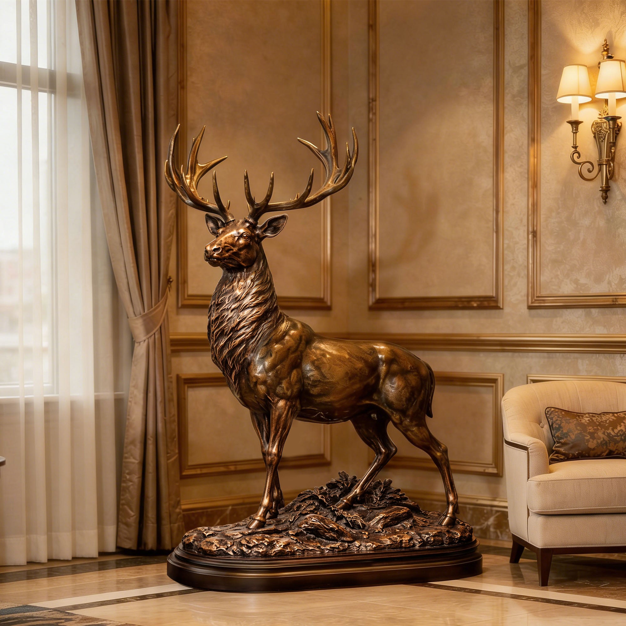 Bronze deer statue in a luxurious room with a sofa and lamp.