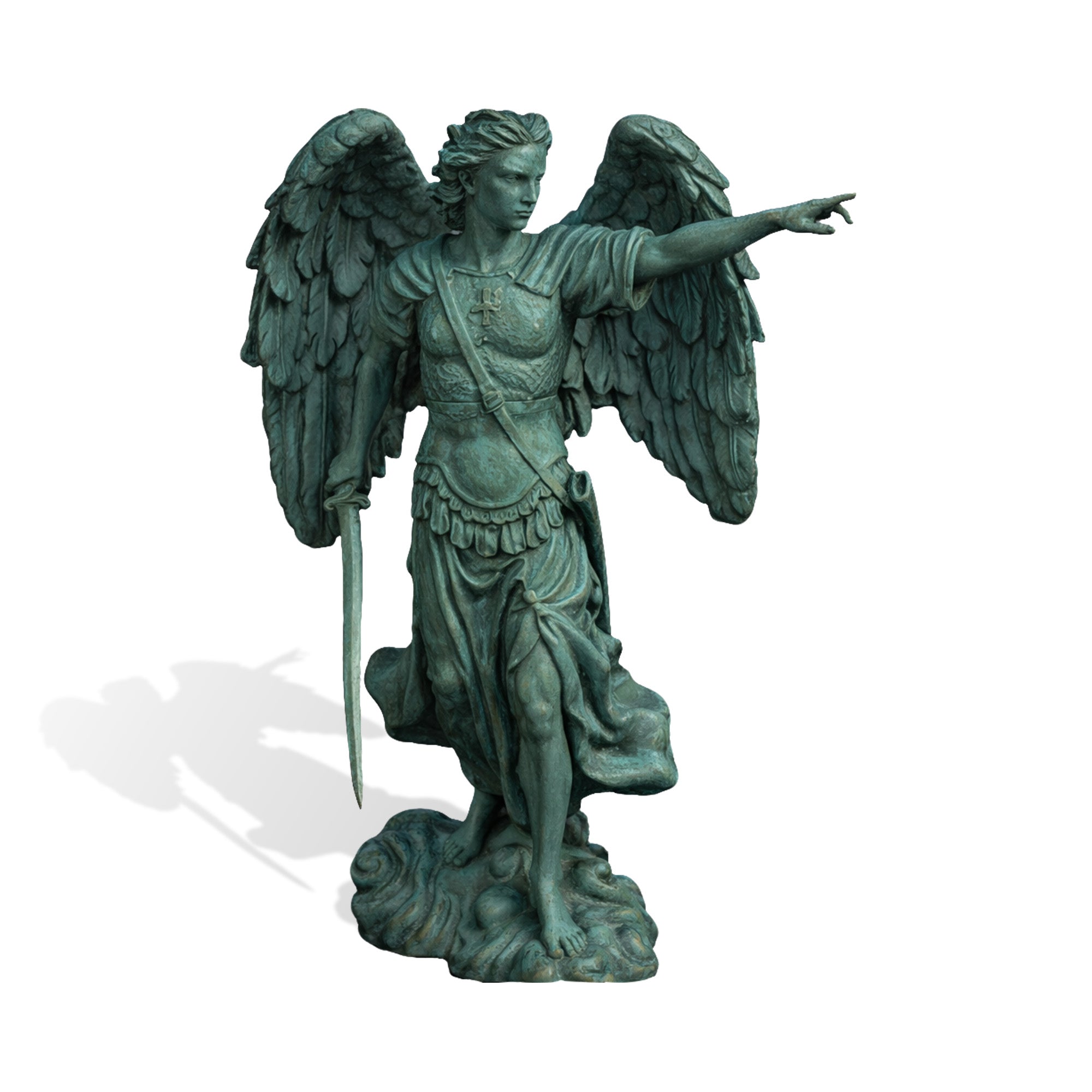 Archangel Guardian Bronze Sculpture with outstretched wings on a white background