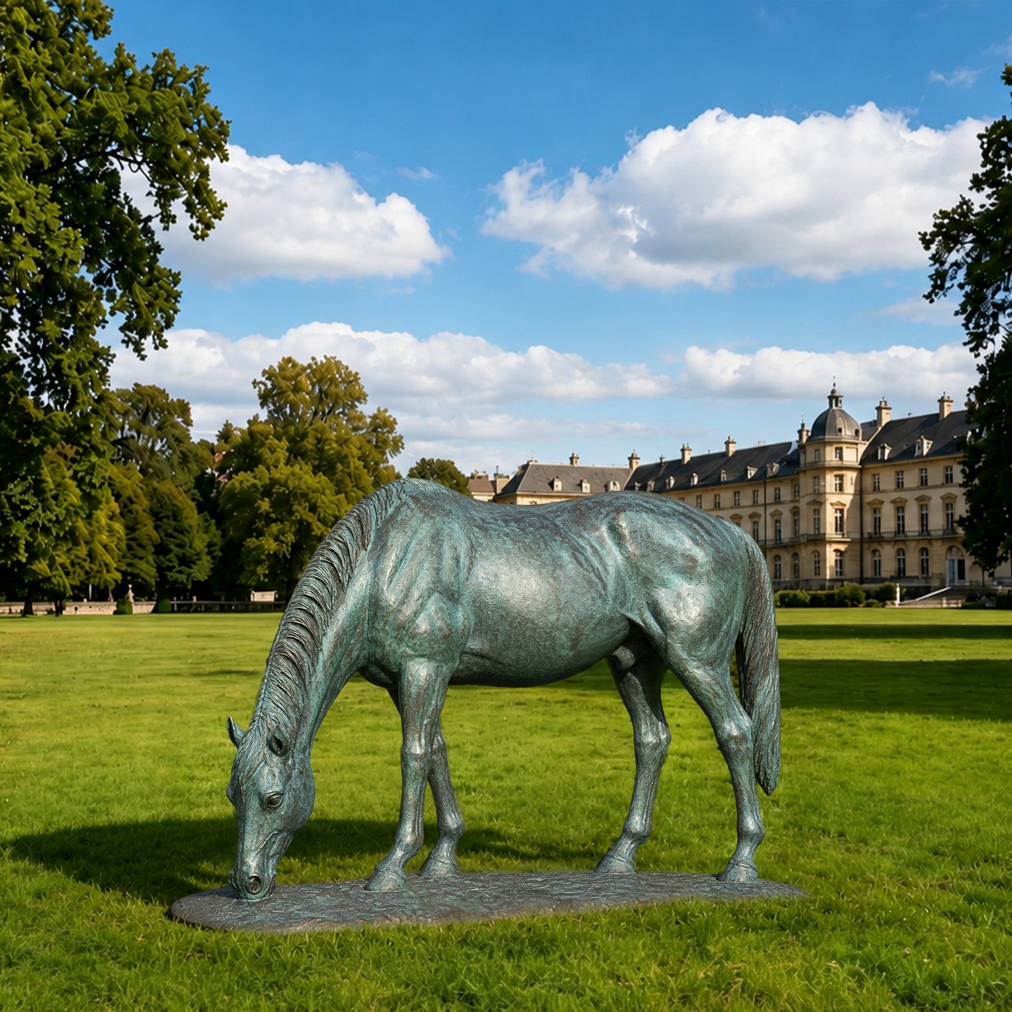 Bronze horse statue on grass with a large building in the background