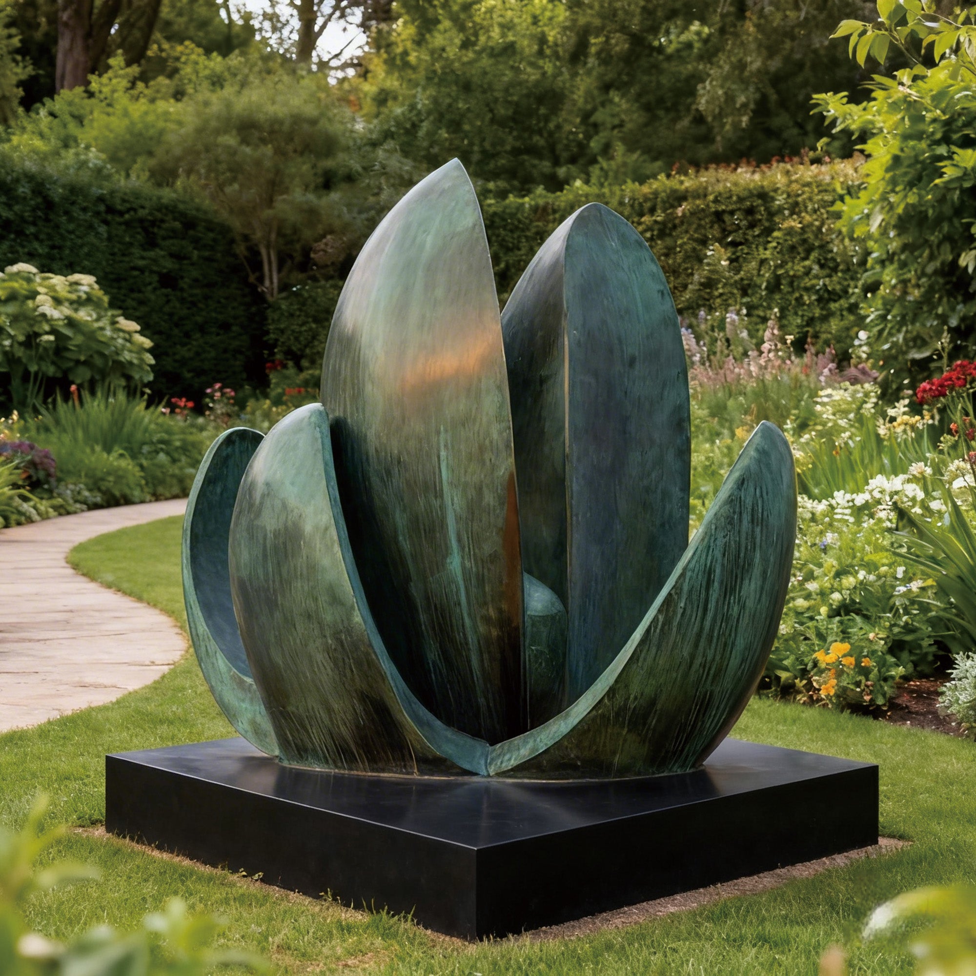 Large abstract sculpture in a garden setting