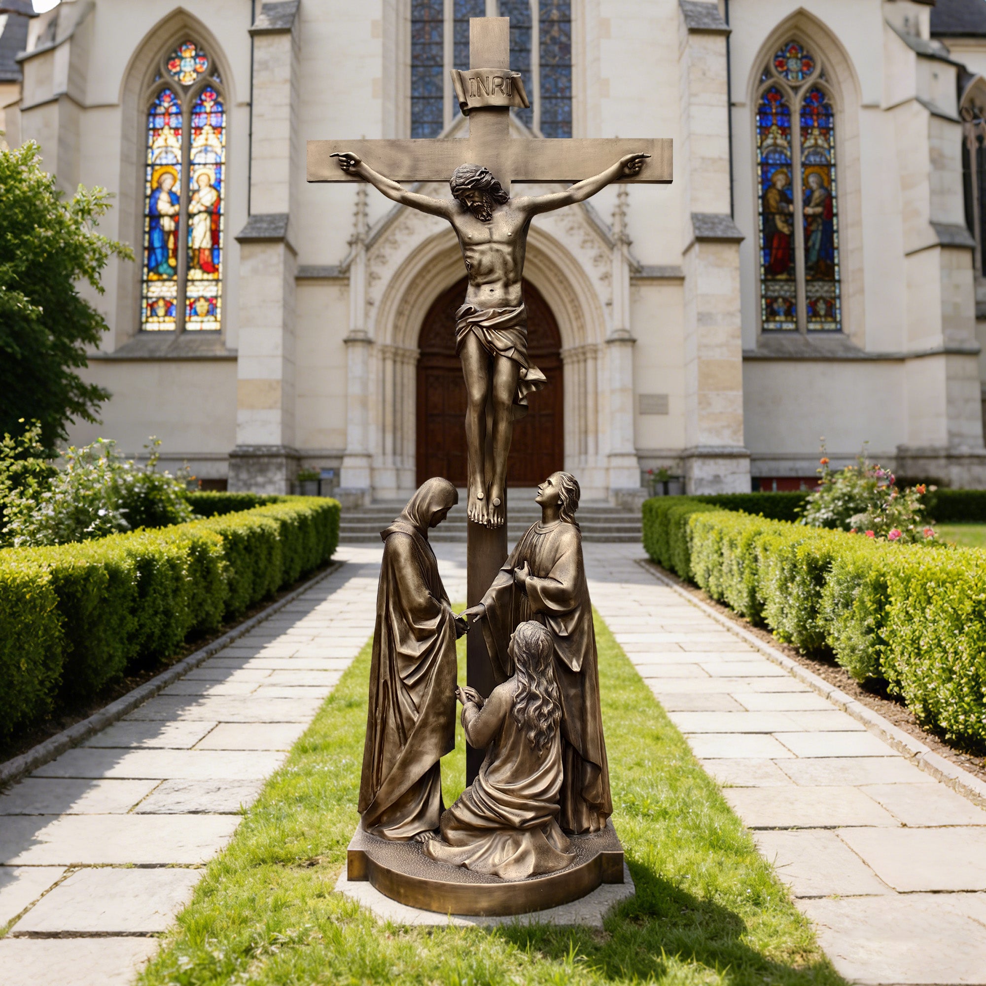 large bronze crucifixion cross sculpture of Jesus Christ with mourning figures displayed in front of a church courtyard
