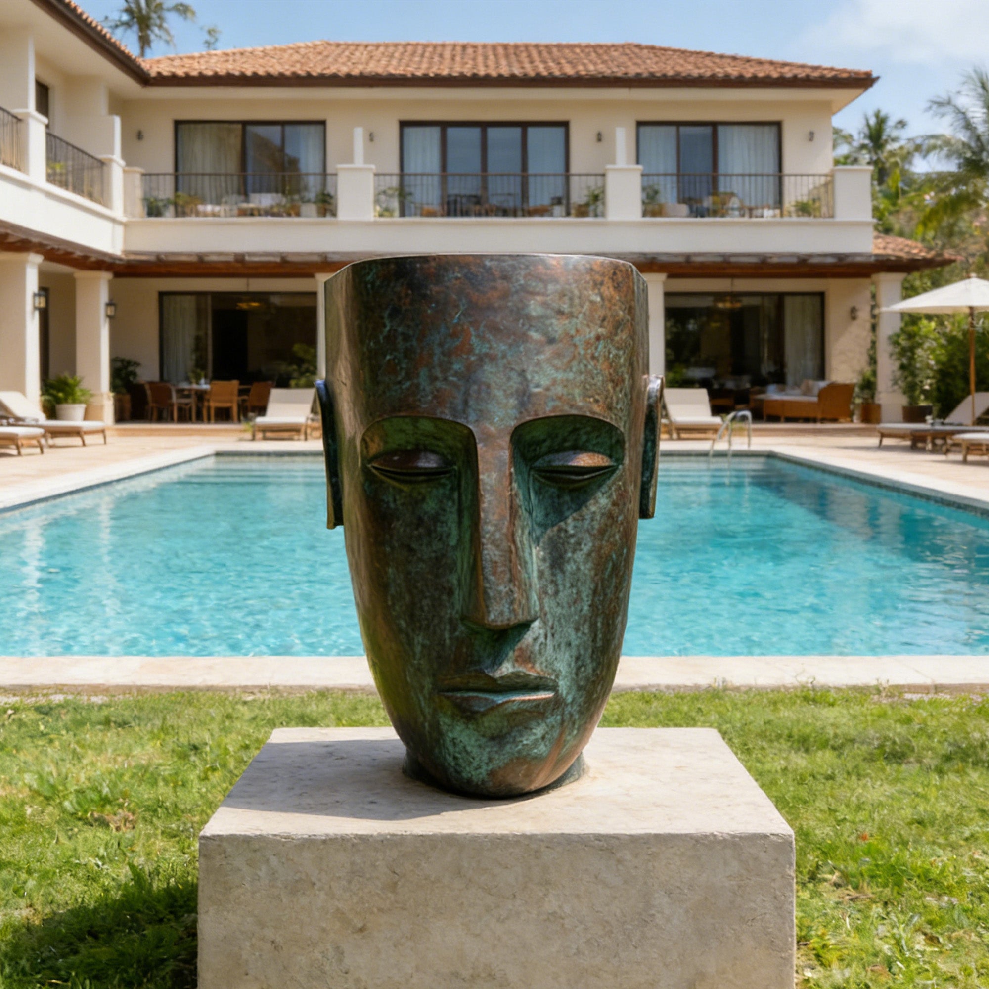 Bronze head sculpture in front of a pool with a house in the background
