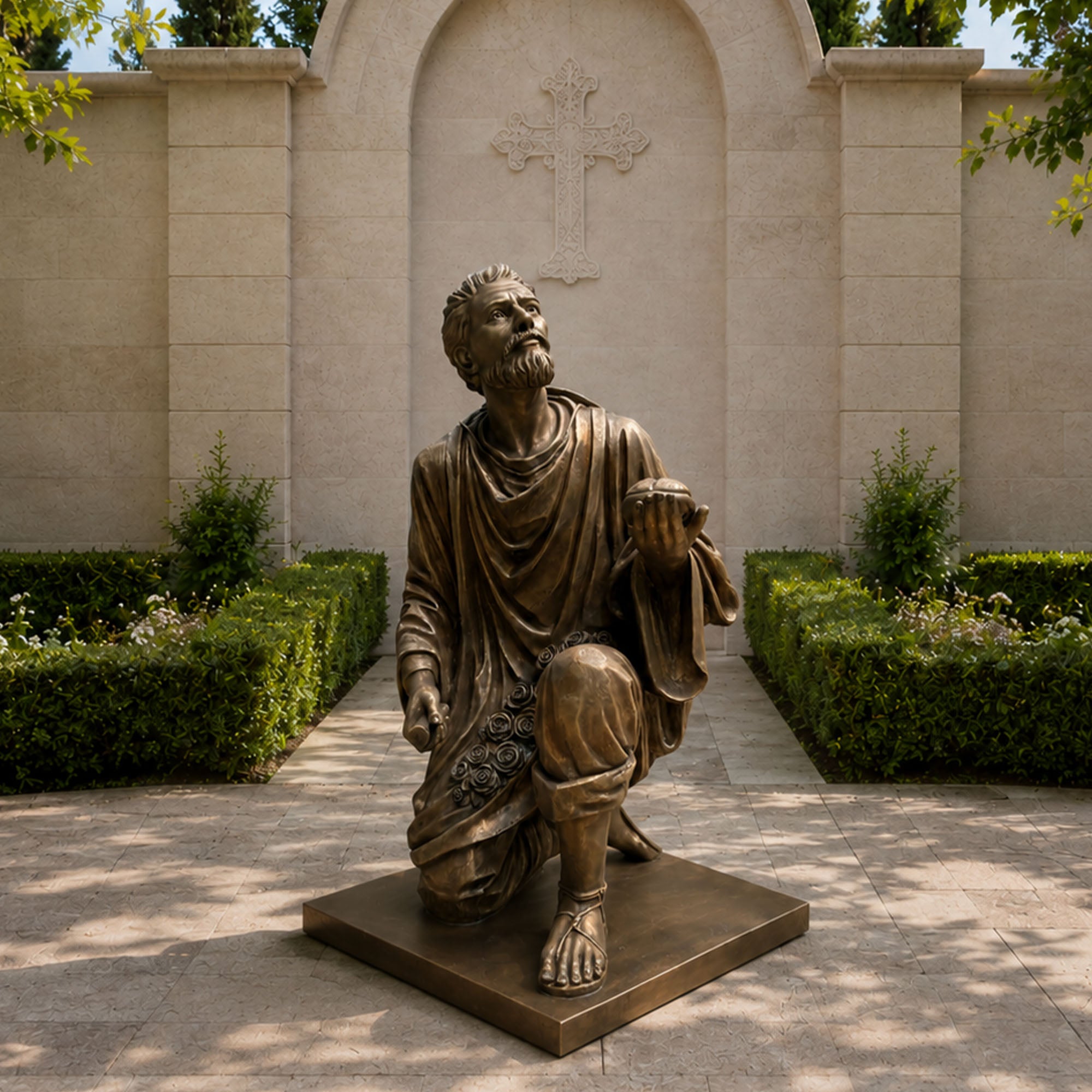 Bronze Saint Juan Diego religious statue installed in a church courtyard, featuring lifelike craftsmanship and symbolic Christian inspiration for prayer and remembrance.