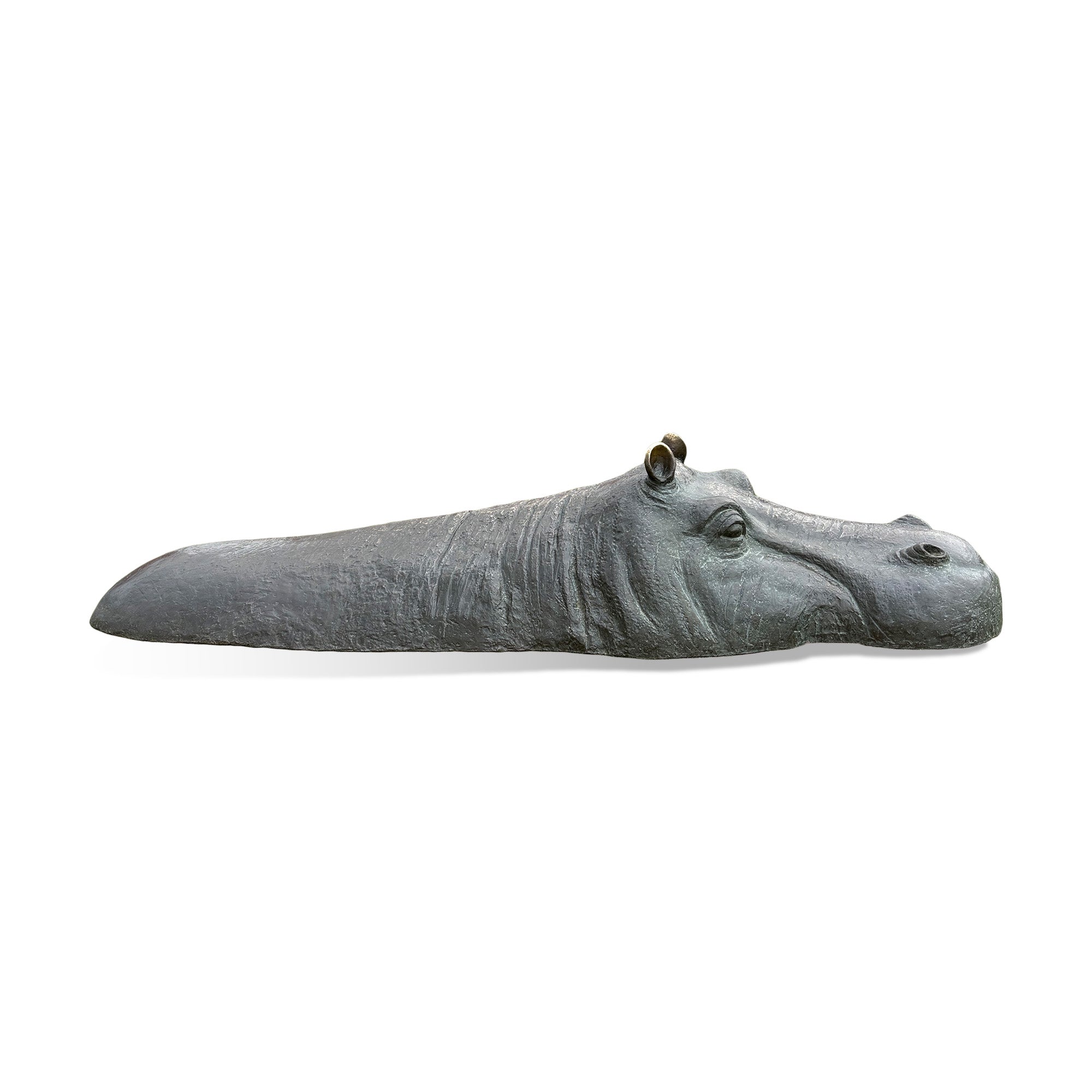 Right-facing side profile of a bronze hippopotamus sculpture with detailed facial features, layered neck folds, and an elongated partially submerged body on a white background.