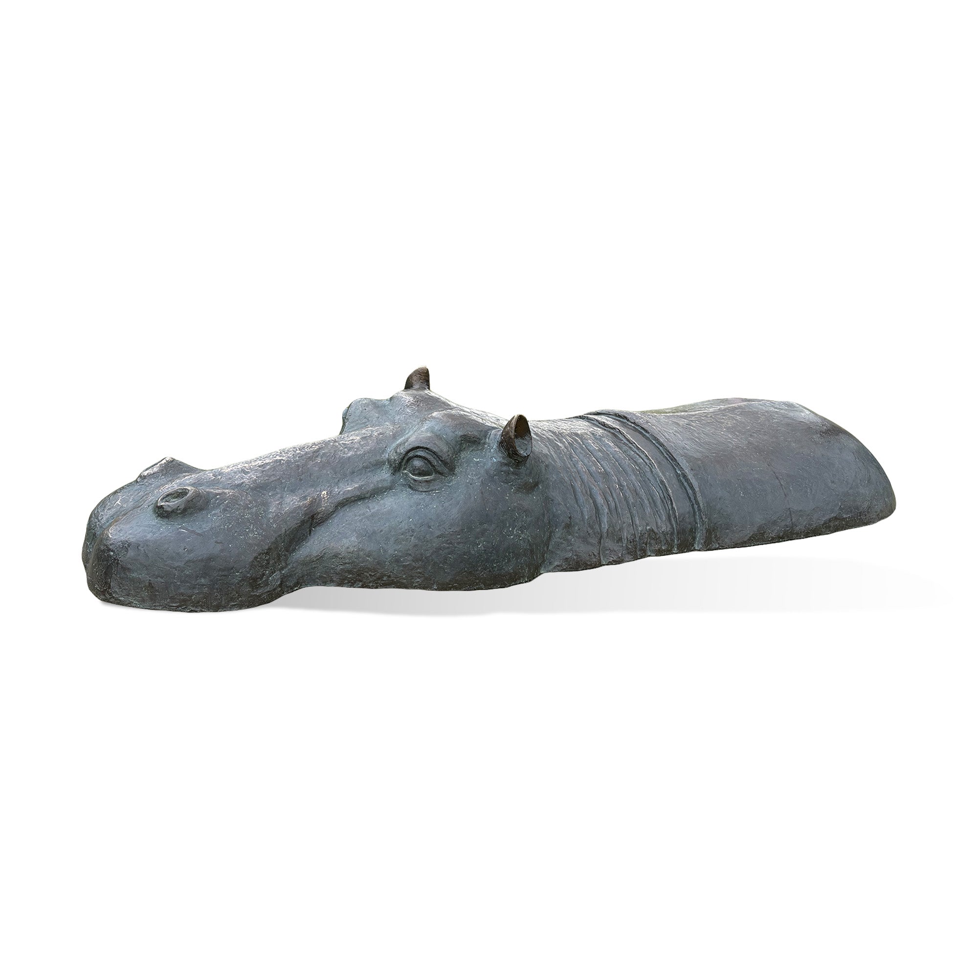 Front-left three-quarter view of a bronze hippopotamus sculpture with a rounded snout, raised eyes, textured skin, and partially submerged body design on a white background.