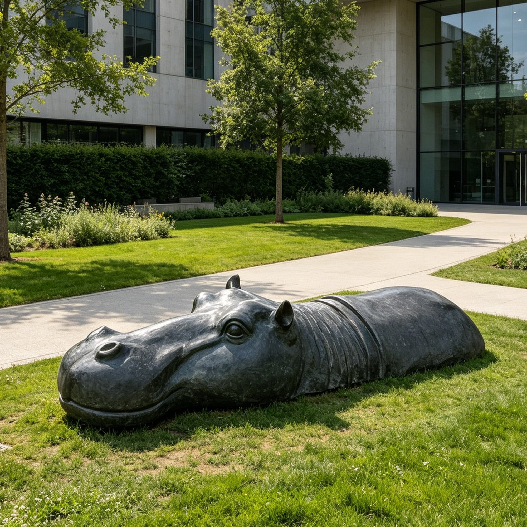Bronze hippopotamus sculpture displayed on a landscaped lawn beside a curved walkway, trees, garden plants, and a contemporary building entrance.