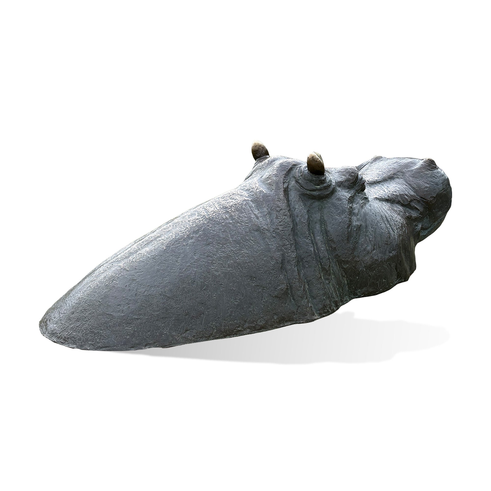 Rear three-quarter view of a bronze hippopotamus sculpture showing a rounded back, small ears, textured bronze surface, and a low partially submerged body