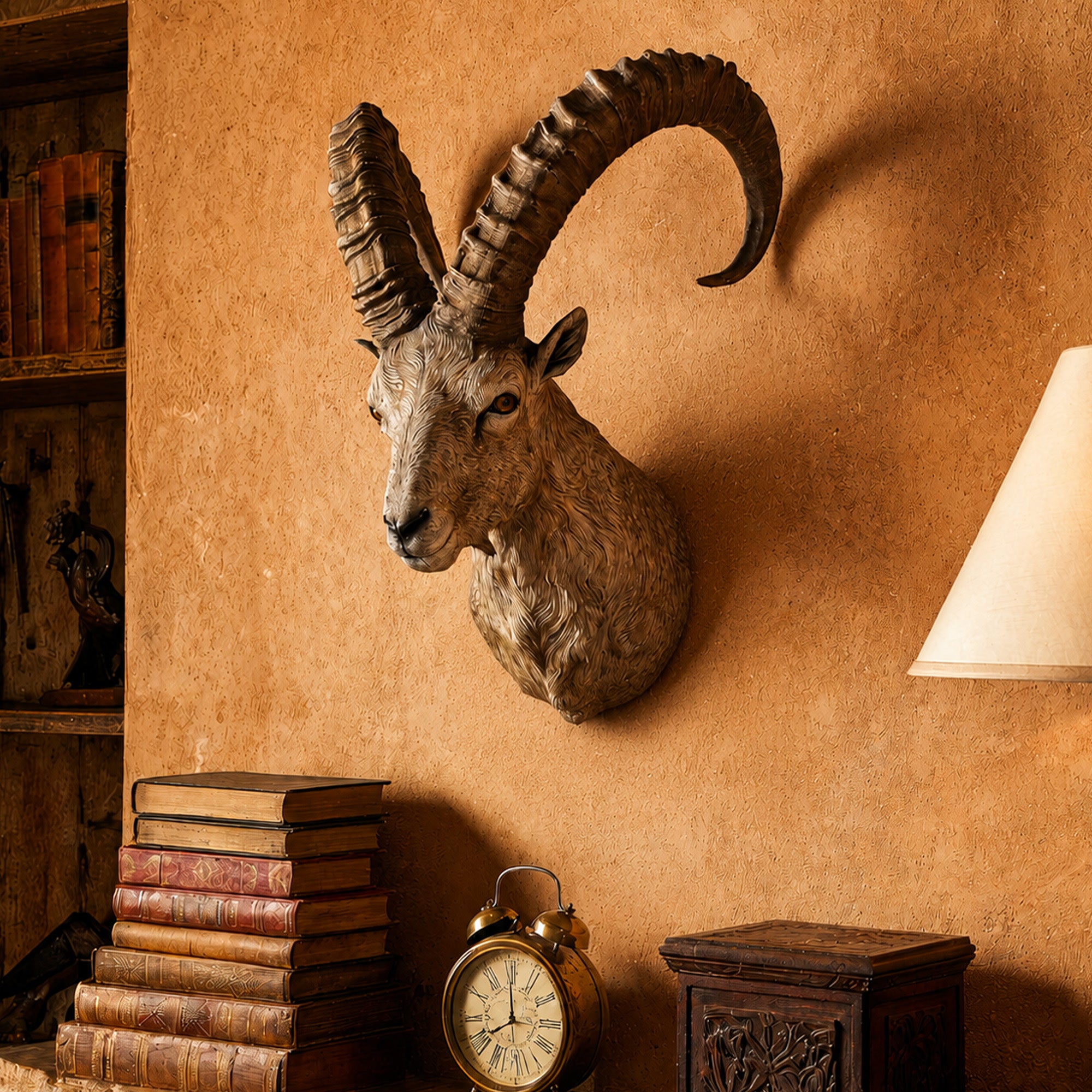 Bronze ibex head wall sculpture displayed on a warm textured interior wall with dramatic curved horns, realistic fur details, expressive eyes, and rustic lodge-style decor.
