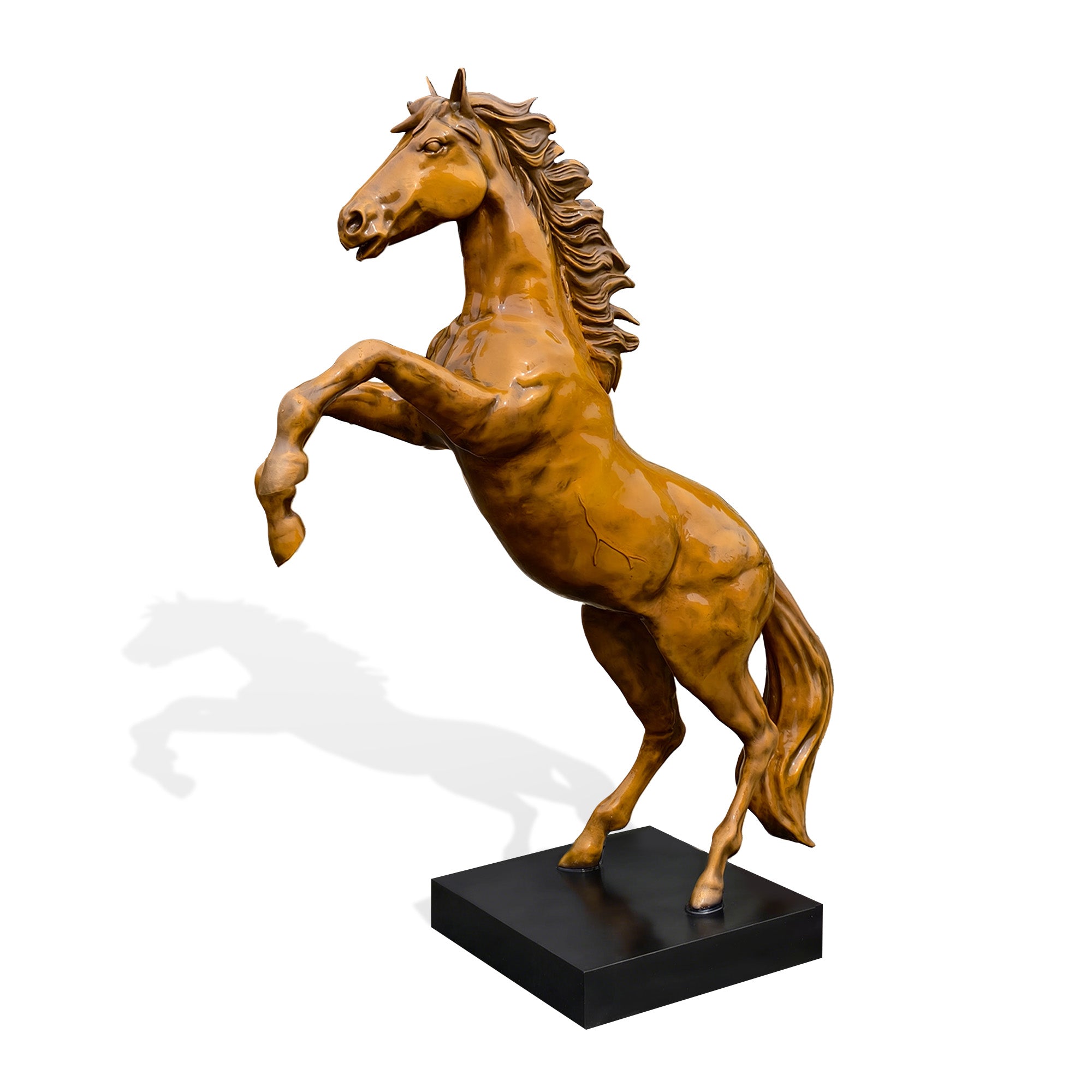 Front three-quarter view of a golden bronze zodiac horse sculpture standing on a black base with raised front legs, arched neck, flowing mane, and glossy bronze finish.