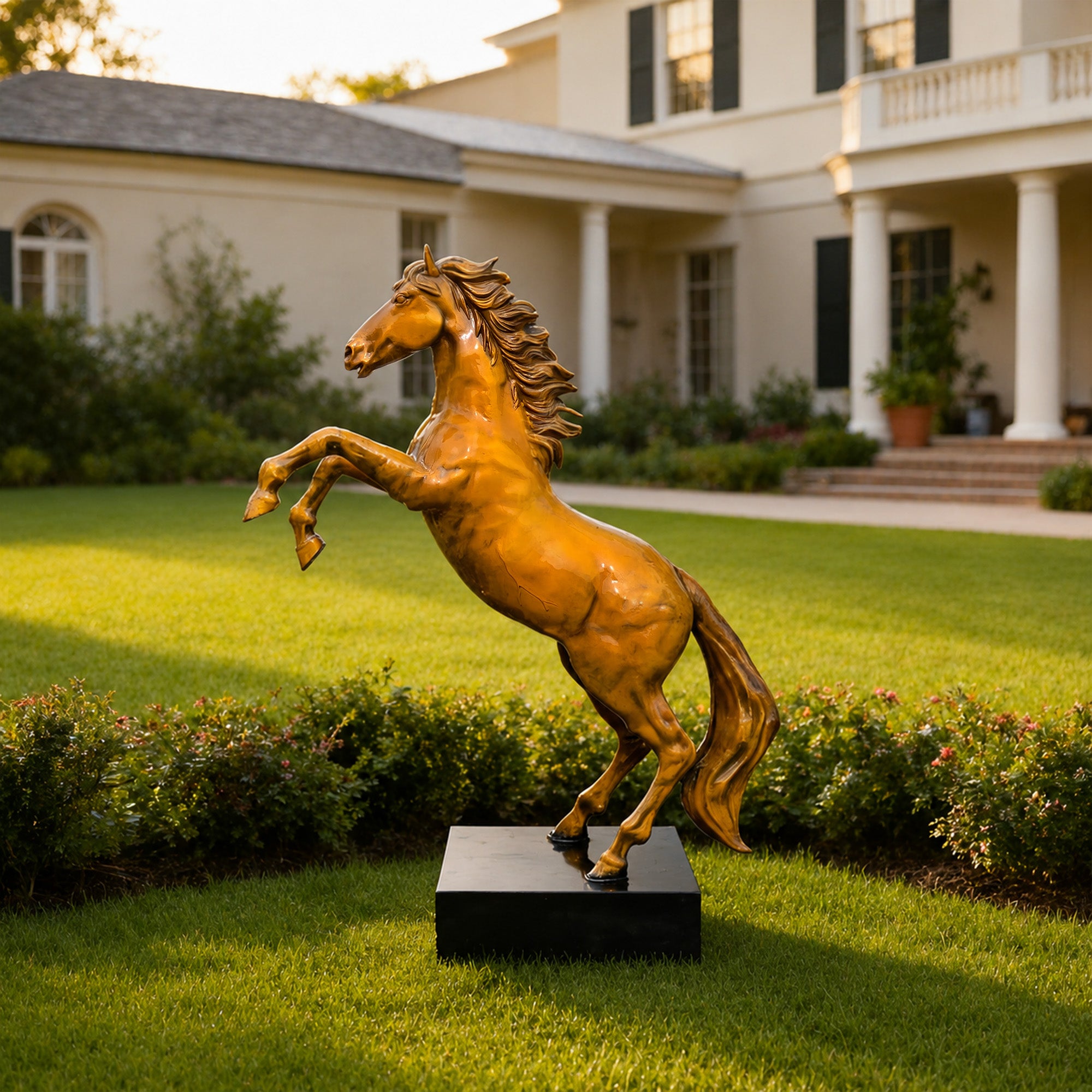 A golden bronze Chinese zodiac horse sculpture displayed on a black base in an estate lawn with raised front legs, flowing mane, long tail, and dynamic upward posture.
