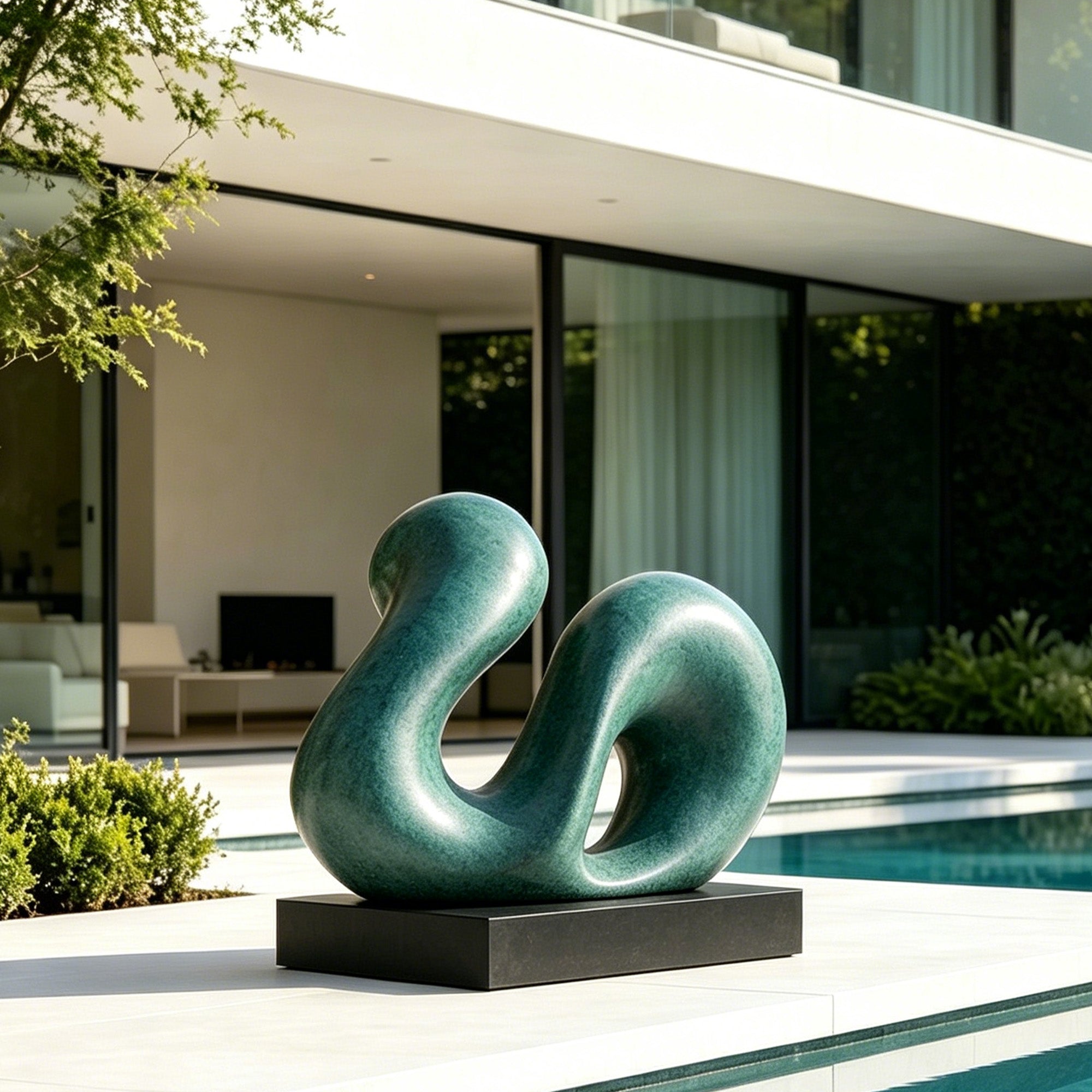 Bronze abstract sculpture installed beside a luxury villa pool, showing fluid modern curves, teal-green patina surface, and contemporary architectural surroundings.