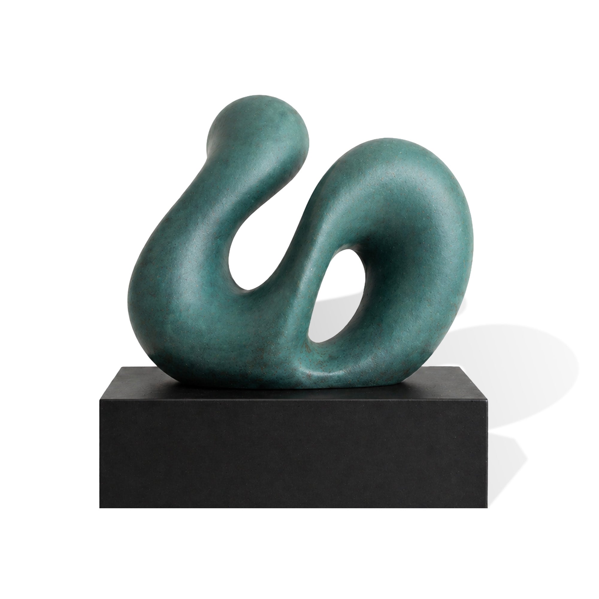 Front view of a bronze abstract sculpture highlights smooth organic looping form, textured patina surface, and minimalist contemporary design.