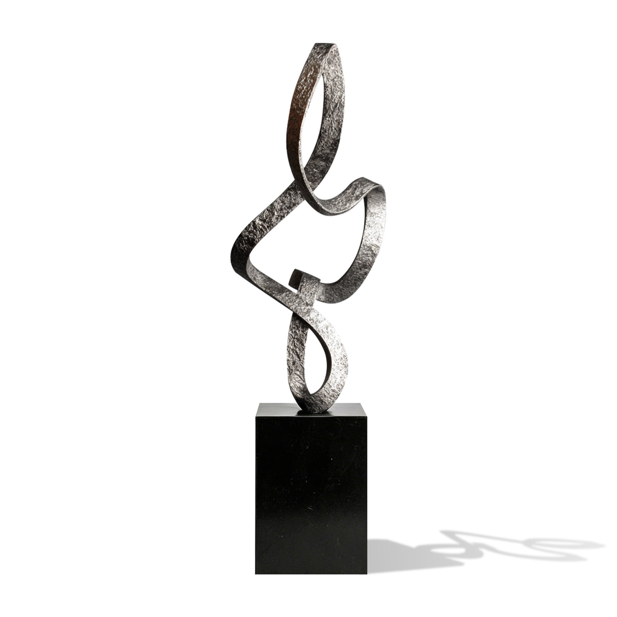 Front view of a bronze abstract ribbon sculpture, showing a twisted flowing metallic form with textured surface and elegant modern design.
