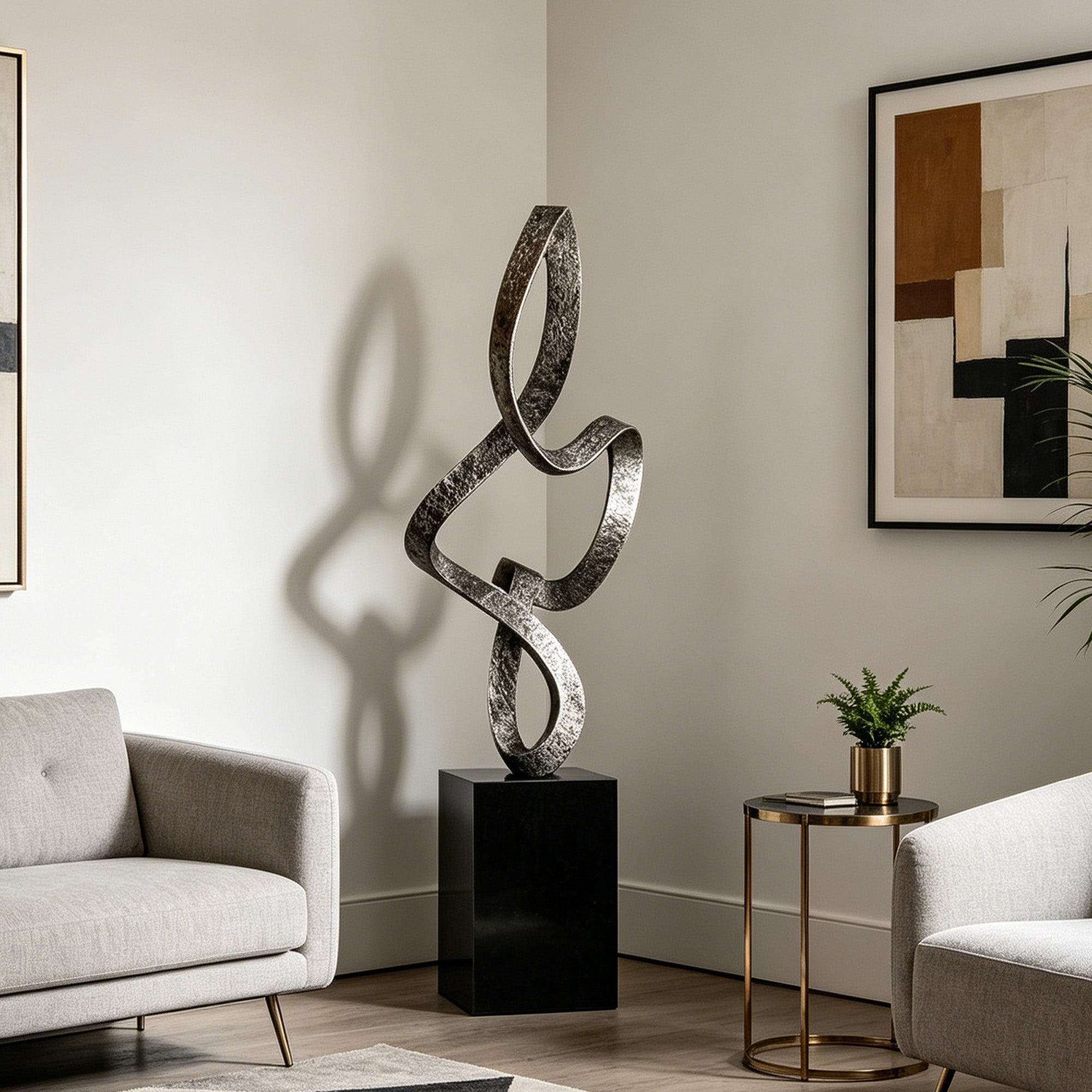 Bronze abstract ribbon sculpture displayed in a luxury modern interior living room, featuring twisted flowing metal form on a black pedestal with minimalist contemporary decor.