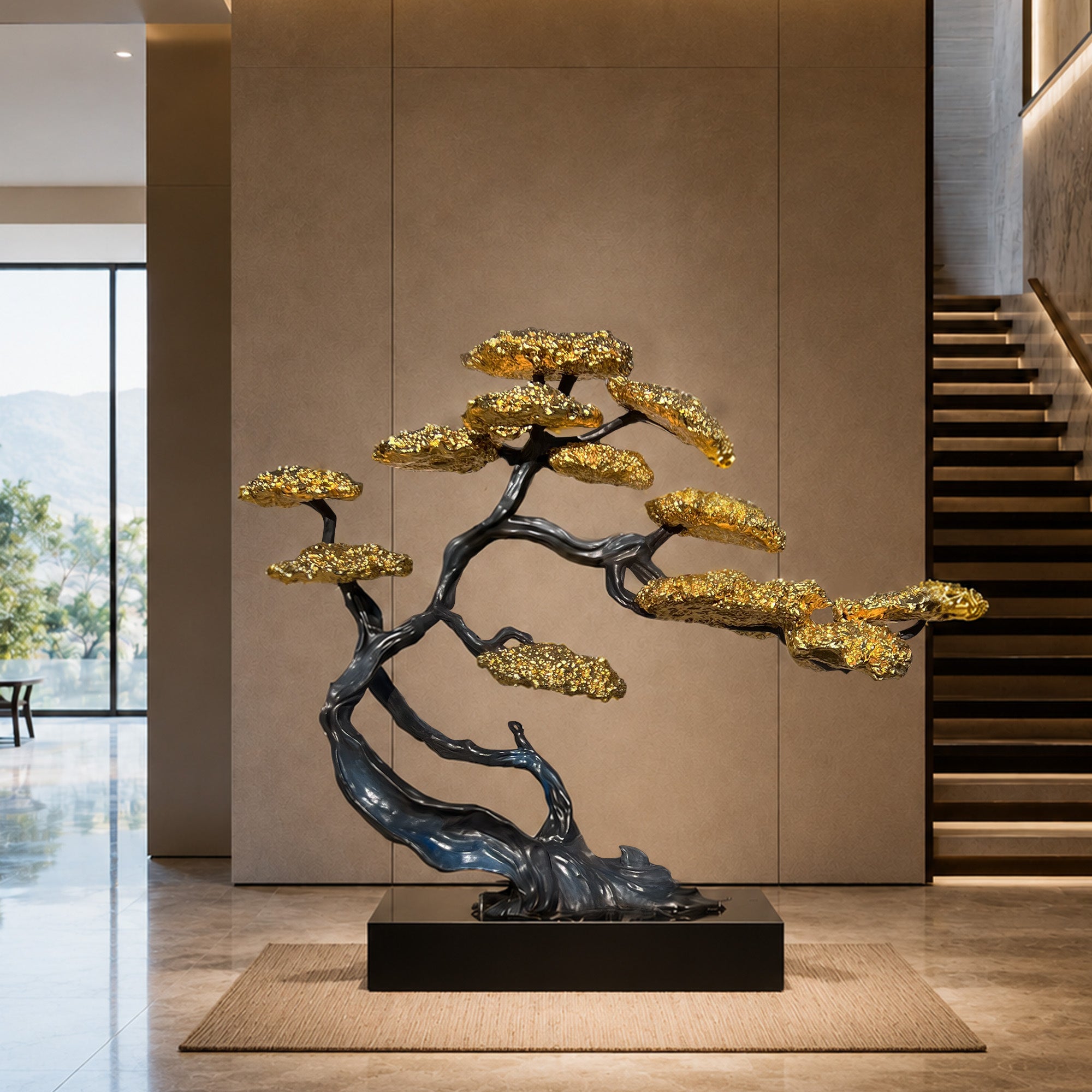 Luxury golden bloom tree bronze sculpture displayed in a modern interior lobby, featuring dark sculptural branches, gold textured blossoms, and a black base
