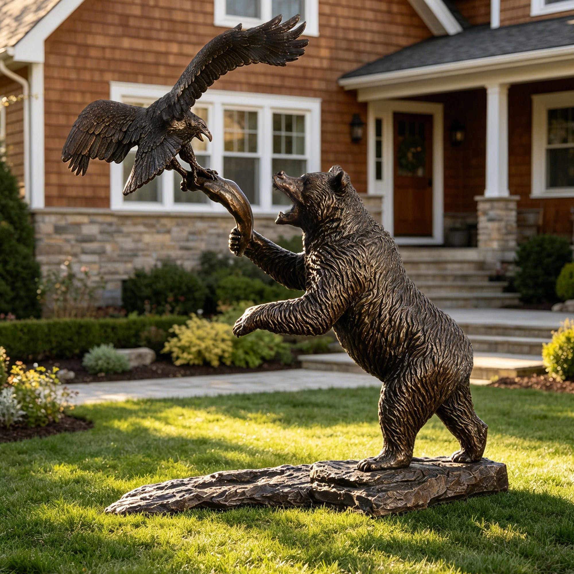 Bronze bear and eagle sculpture displayed on a garden lawn, featuring a standing roaring bear reaching toward a soaring eagle with open wings, detailed wildlife textures, and natural rocky base.